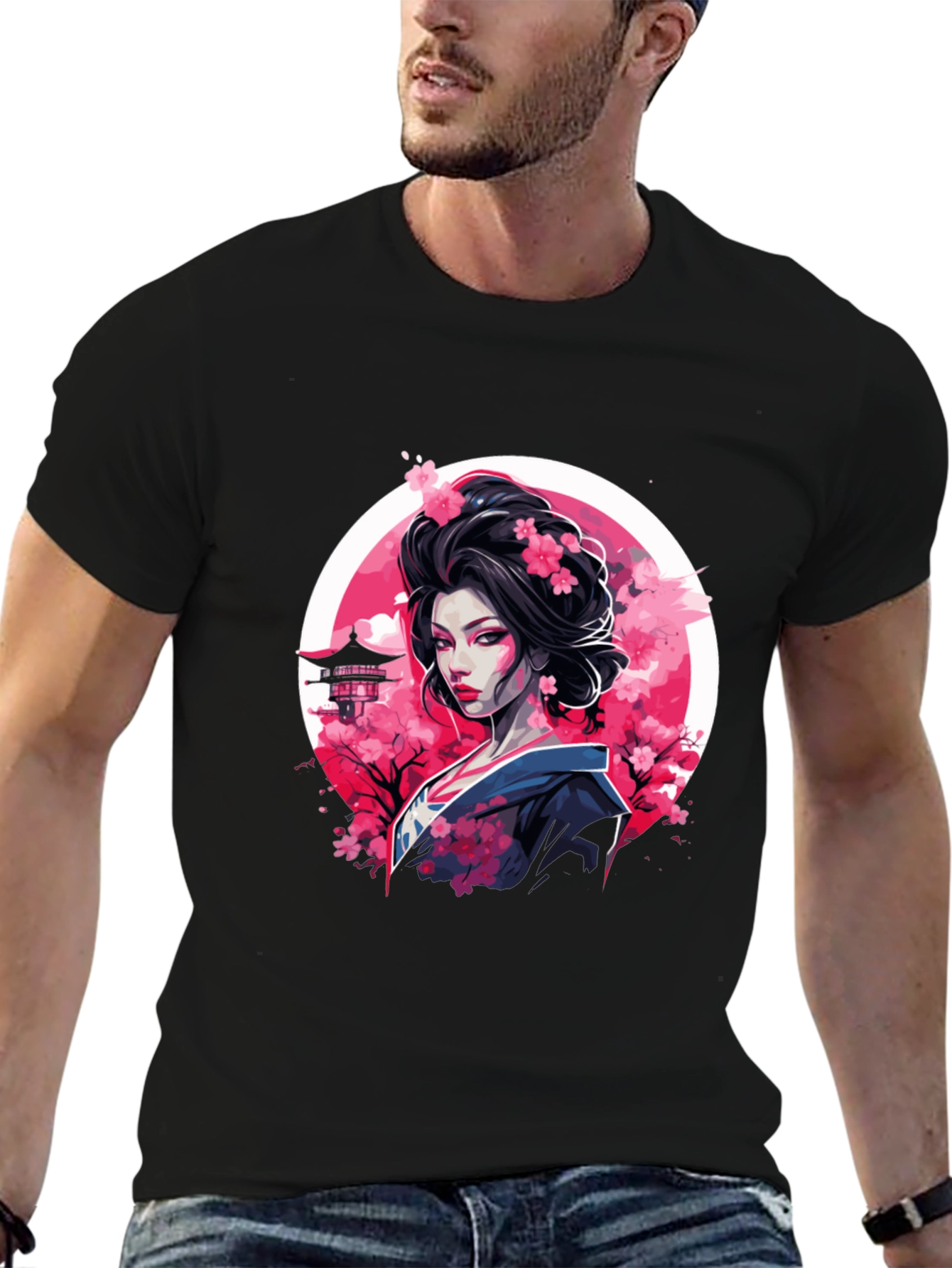 Black Geisha Cherry Blossom Black T-Shirt view 6