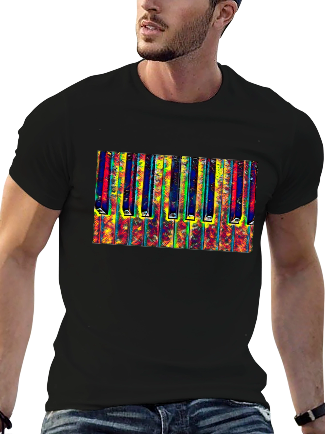 Black Abstract Piano Keys Graphic Tee - Black Cotton T-Shirt view 6