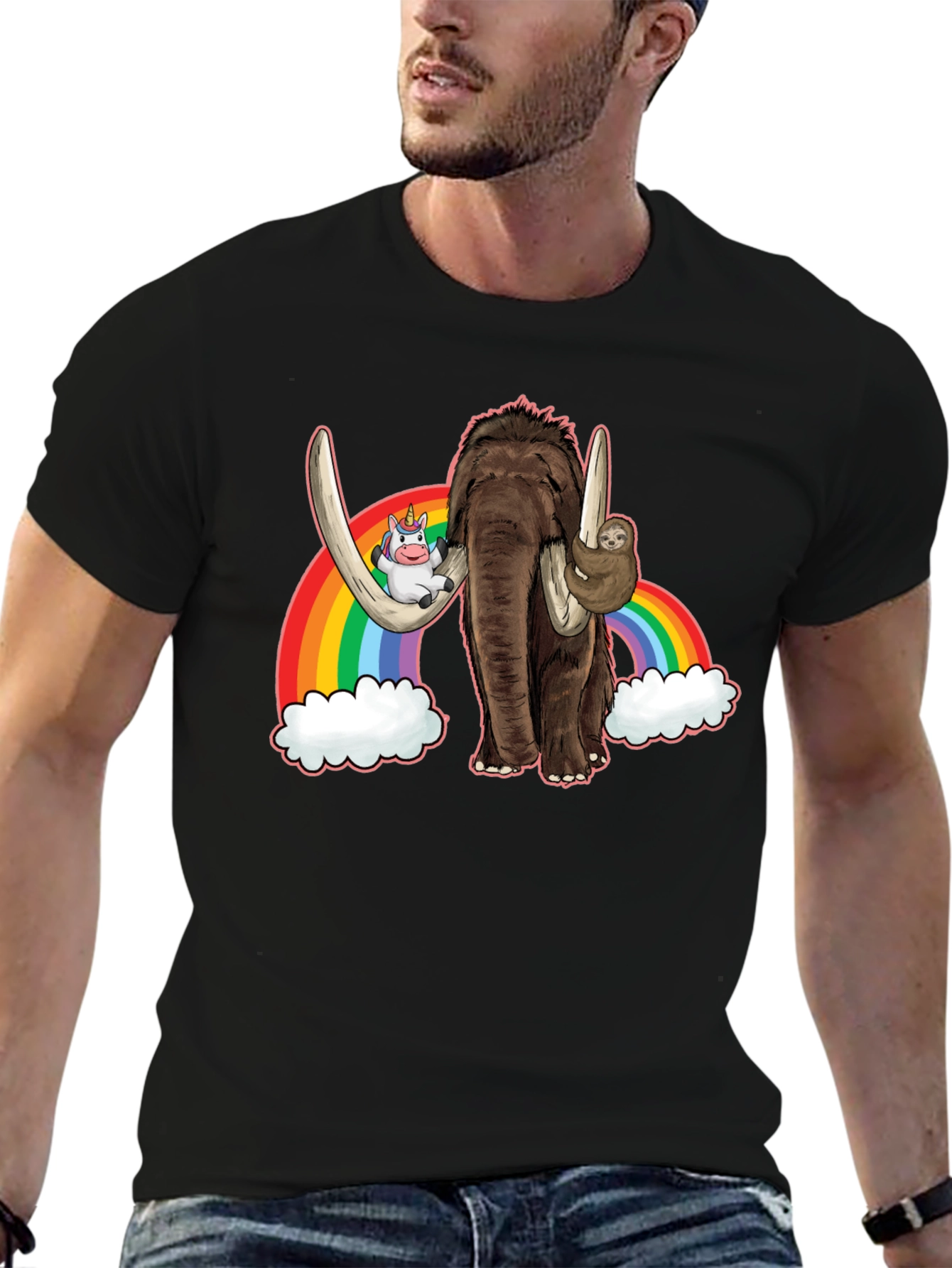 Black Mammoth, Unicorn, Sloth Rainbow Graphic Tee view 6