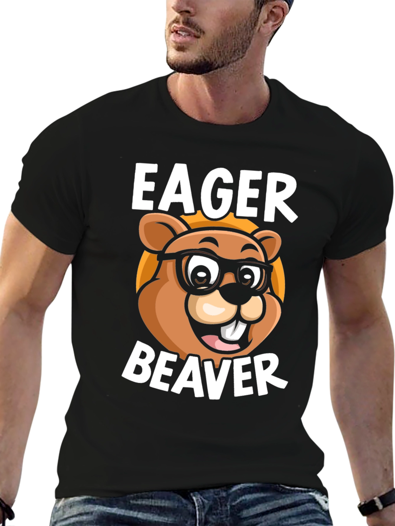 Black Eager Beaver Cartoon Graphic T-Shirt view 6