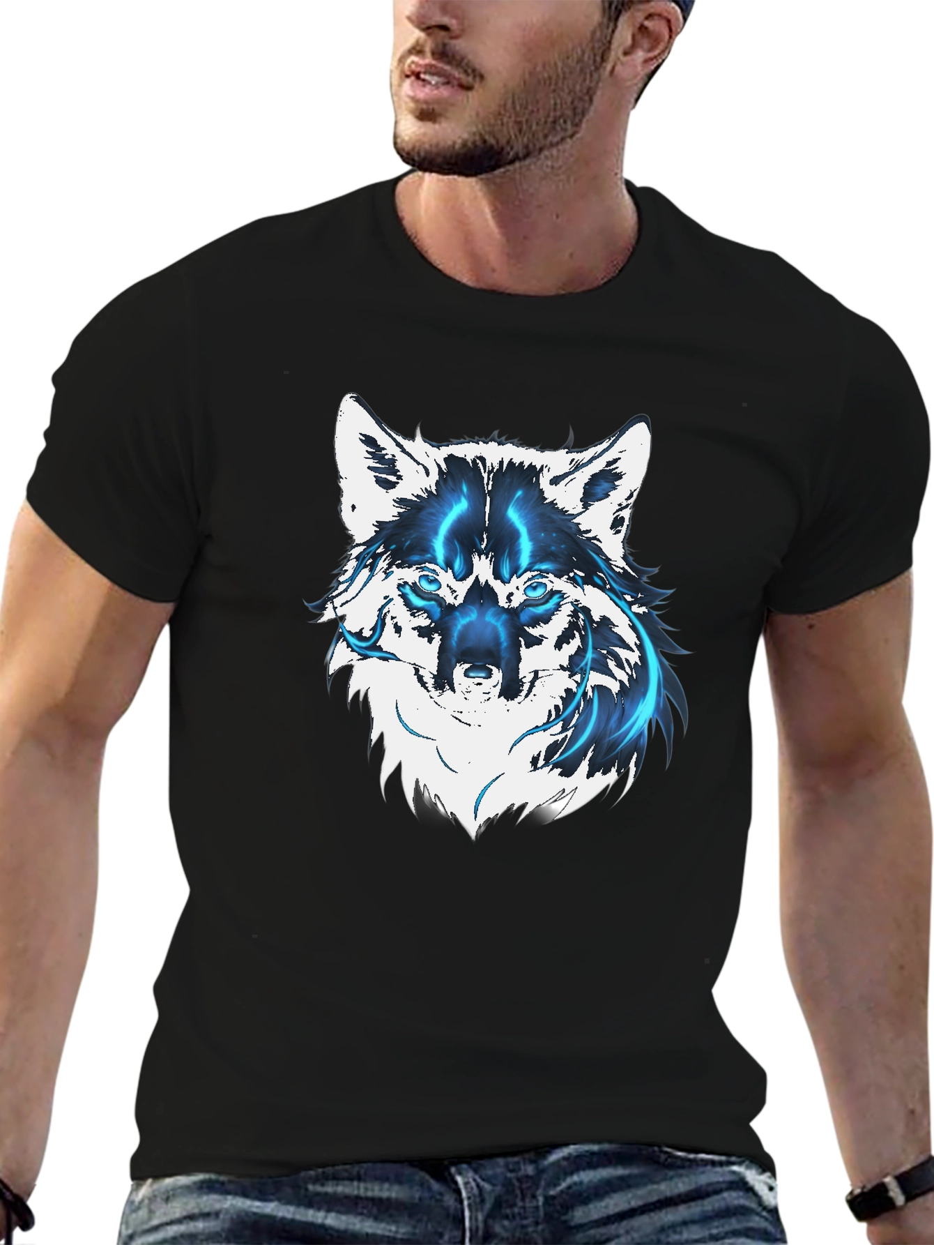 Black Men's Black Wolf Graphic T-Shirt view 6
