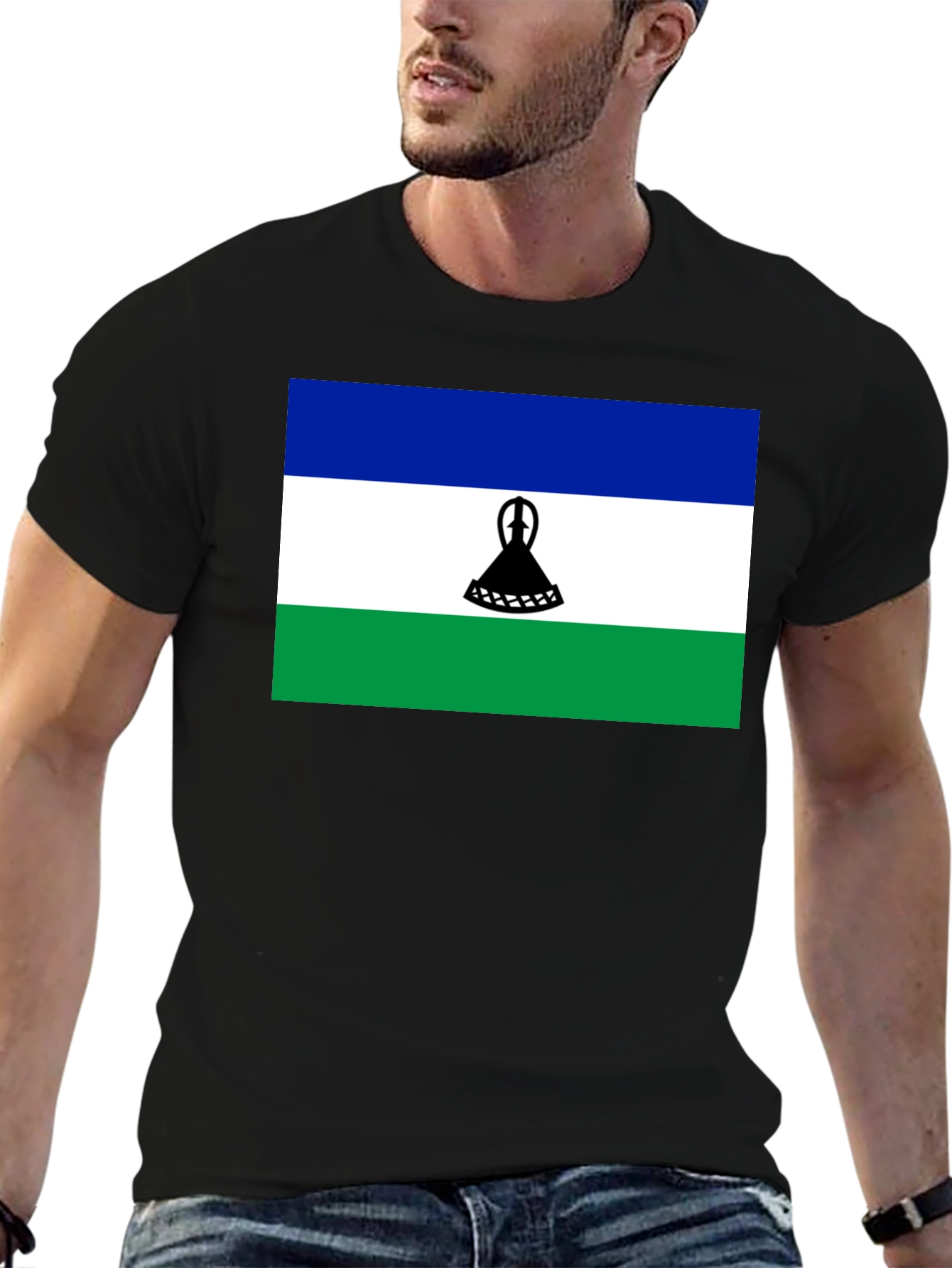 Lesotho Flag Graphic Tee - Black Cotton T-Shirt - 6