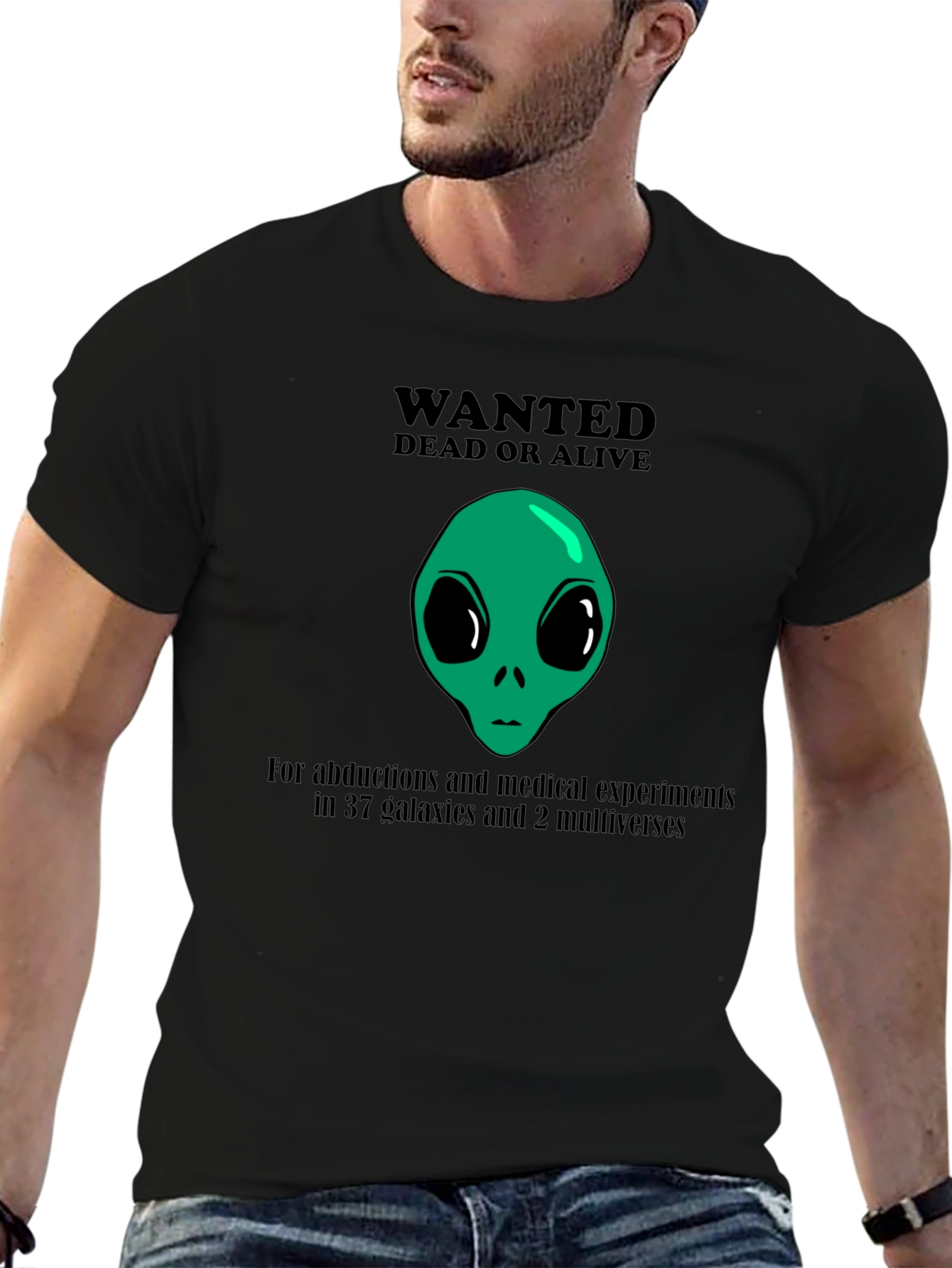 Black Wanted Alien T-Shirt: Dead or Alive Funny Graphic Tee view 6