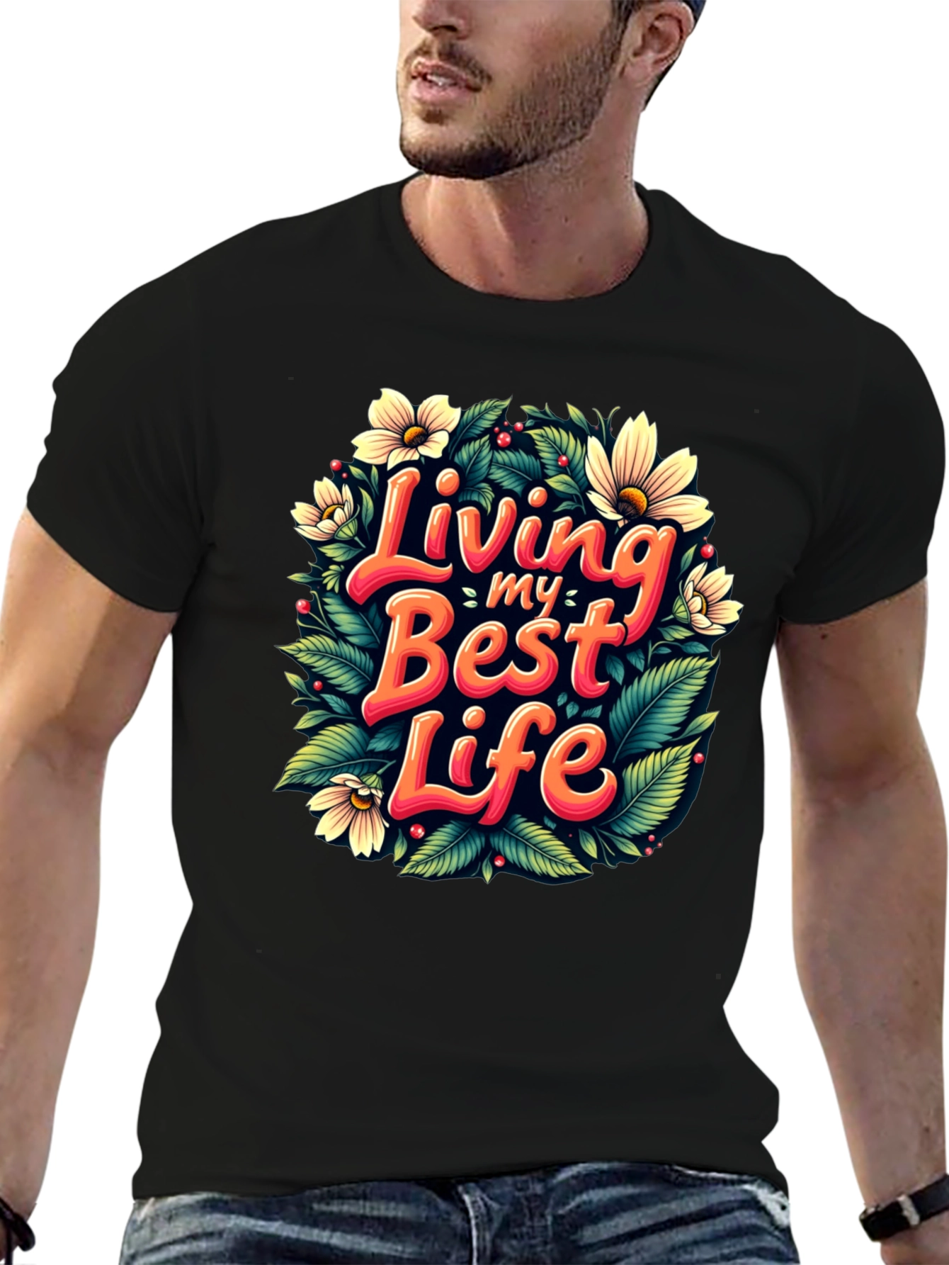 Black Living My Best Life T-Shirt - Floral Design view 6