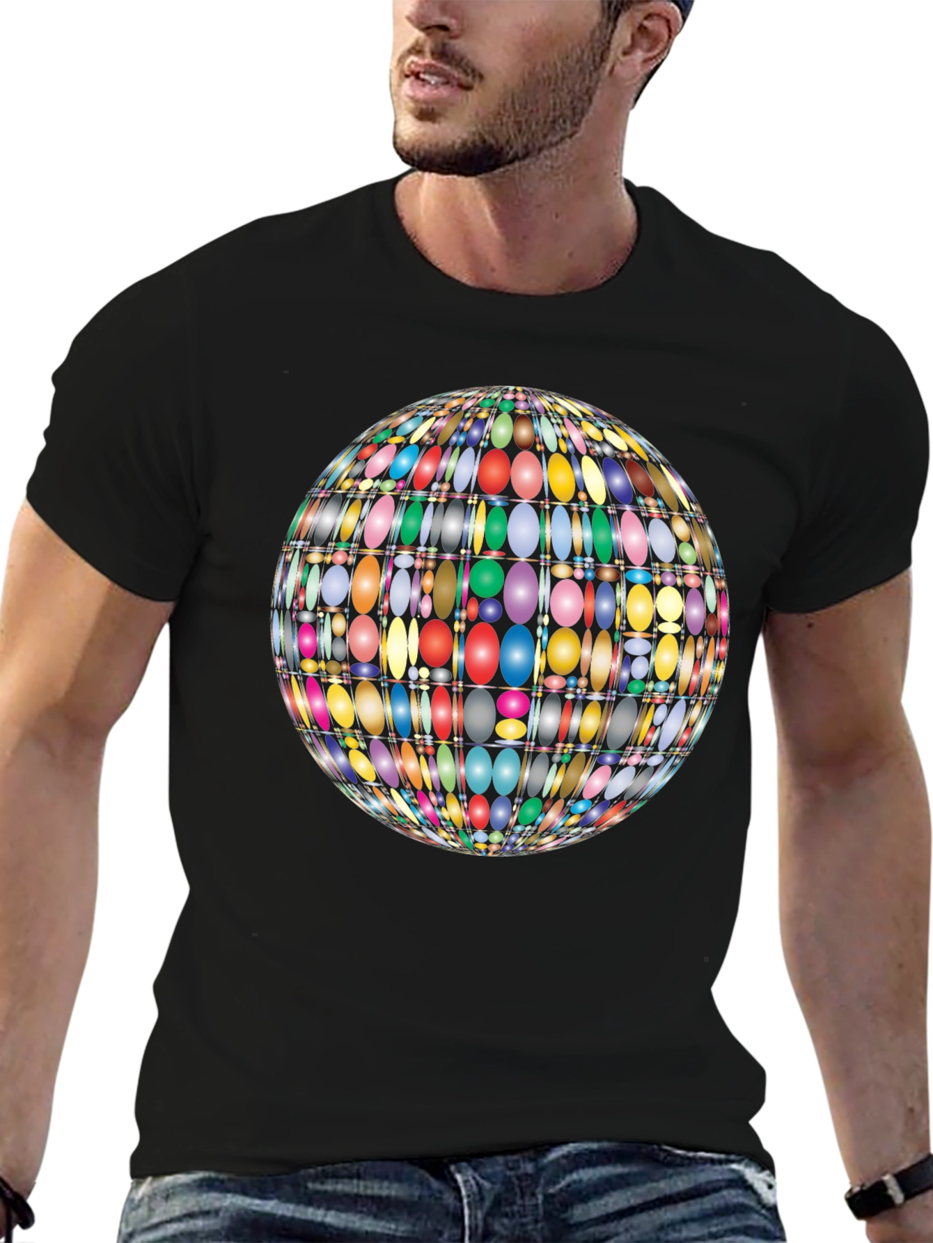 Black Colorful Oval Pattern Globe Men's Black T-Shirt view 6