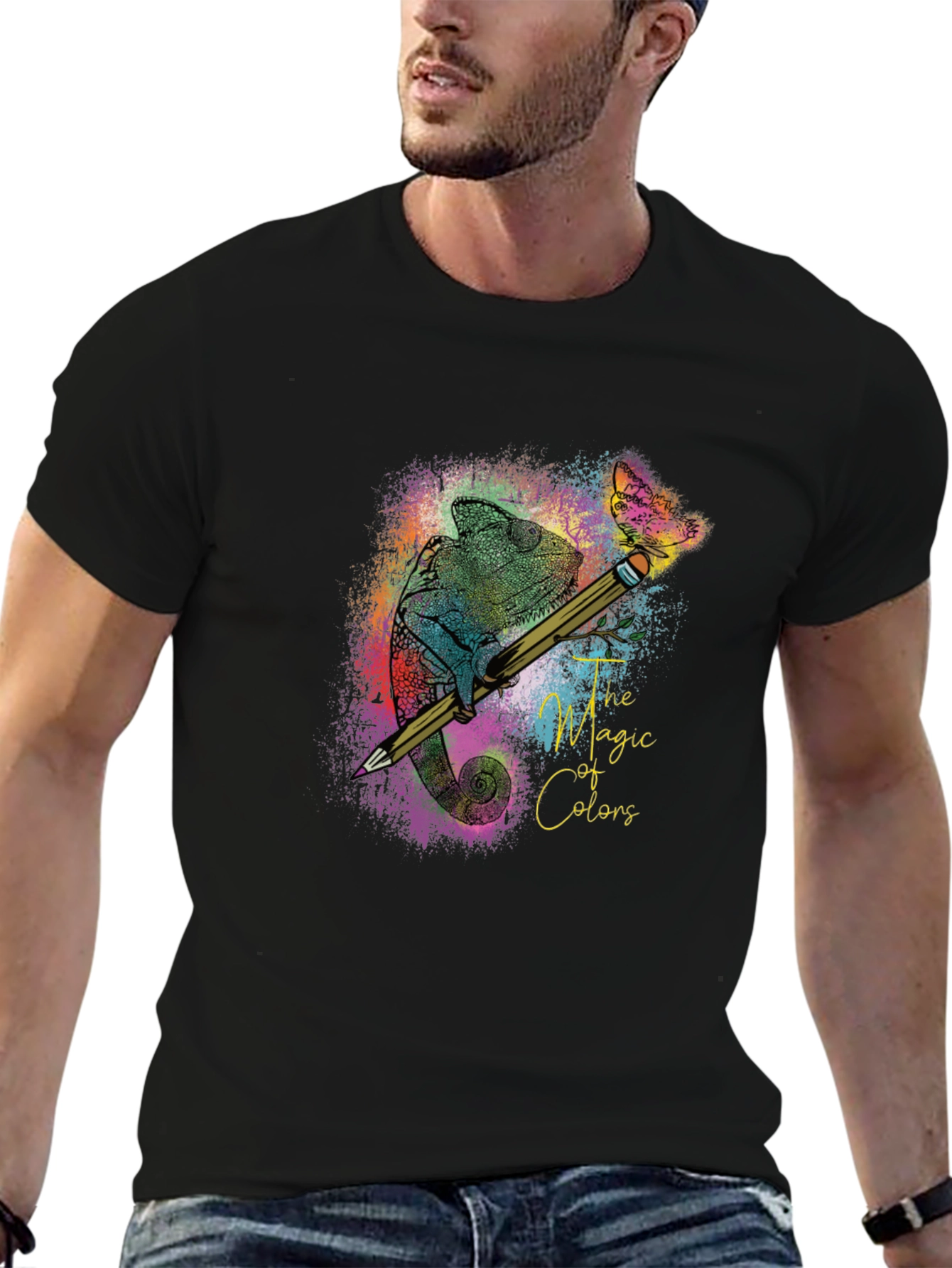 Black The Magic of Colors T-Shirt: Chameleon & Pencil Design view 6