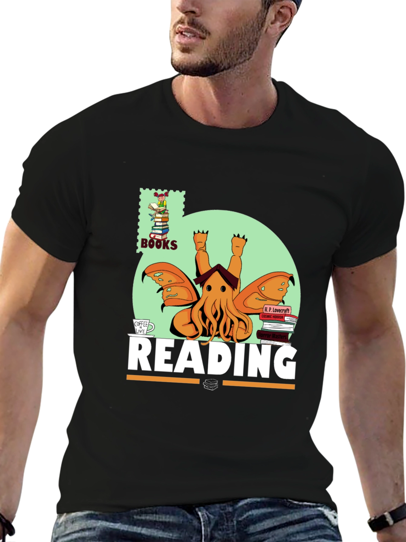 Black Lovecraft Reading T-Shirt - Cthulhu Book Lover view 6