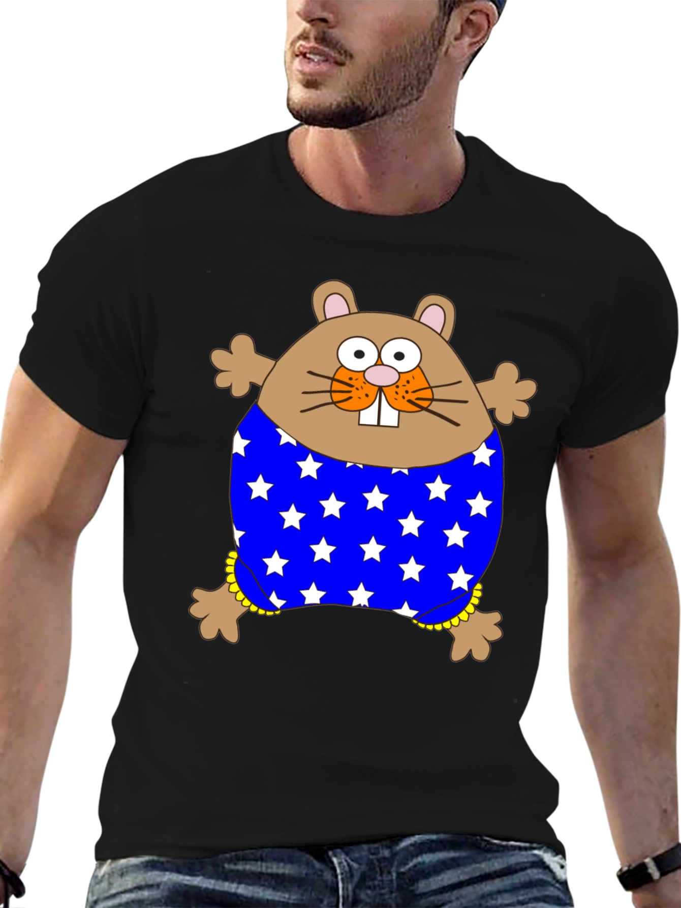 Black Funny Hamster Stars T-Shirt view 6