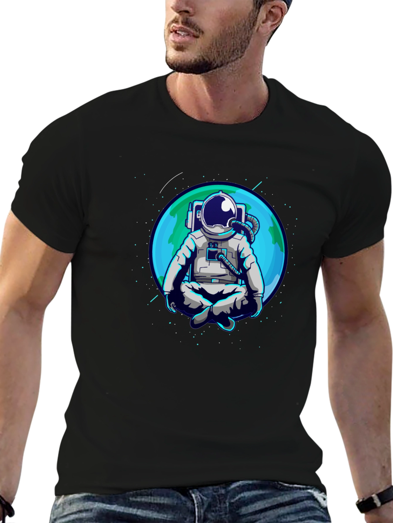 Black Meditating Astronaut T-Shirt - Space Zen Tee view 6