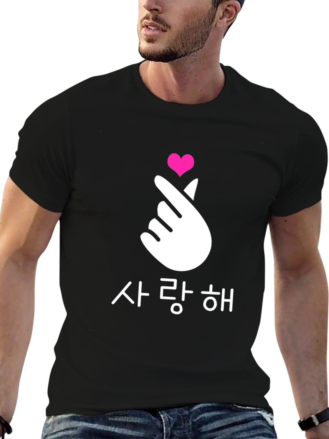 Black Finger Heart Korean Love T-Shirt view 6