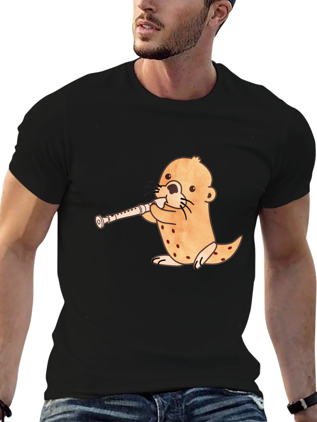 Black Funny Otter Playing Flute Black T-Shirt view 6