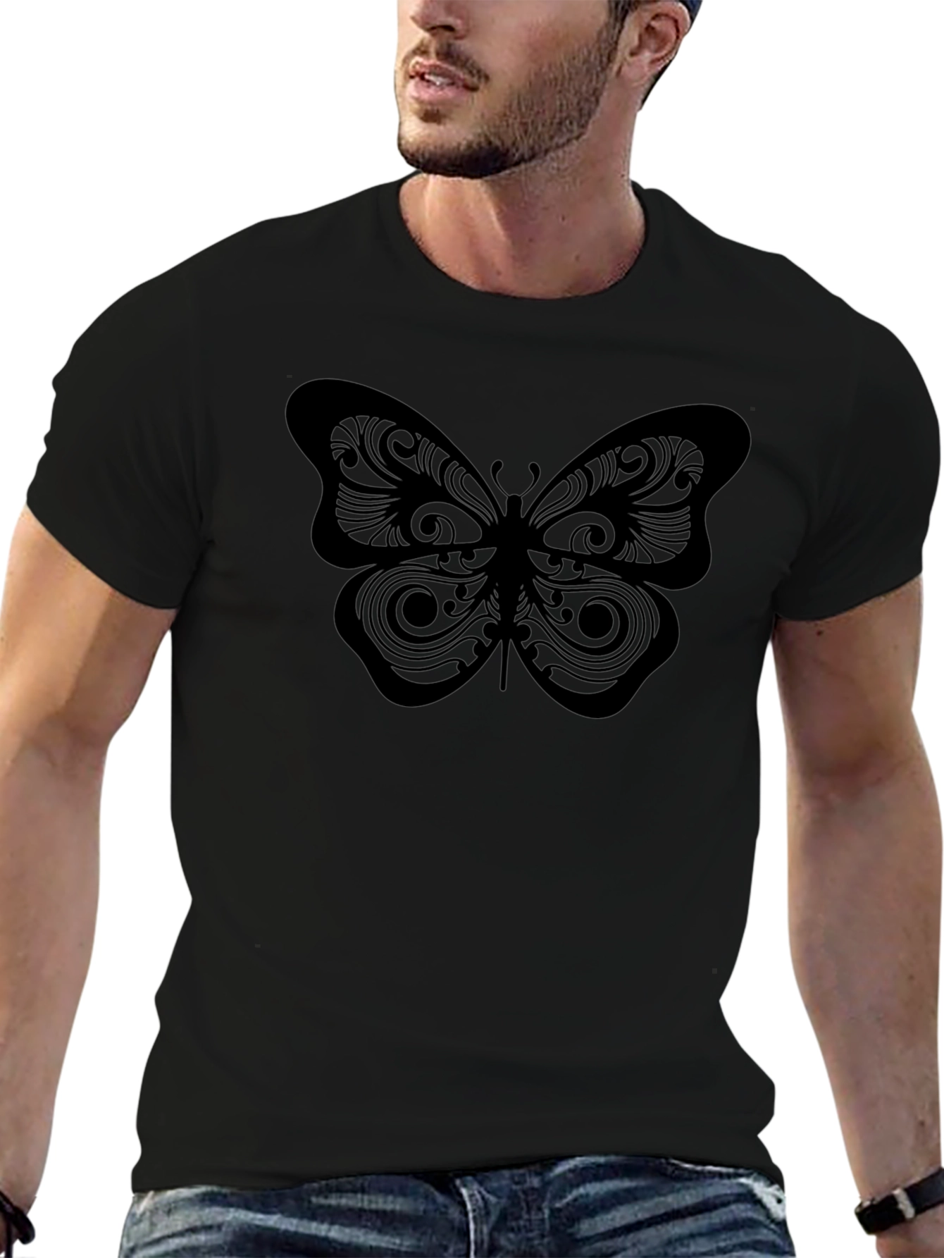 Black Butterfly Print Black T-Shirt view 6