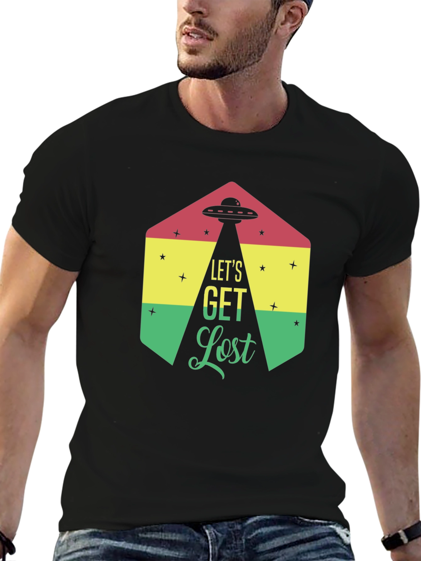 Black Let's Get Lost Alien UFO Graphic T-Shirt view 6