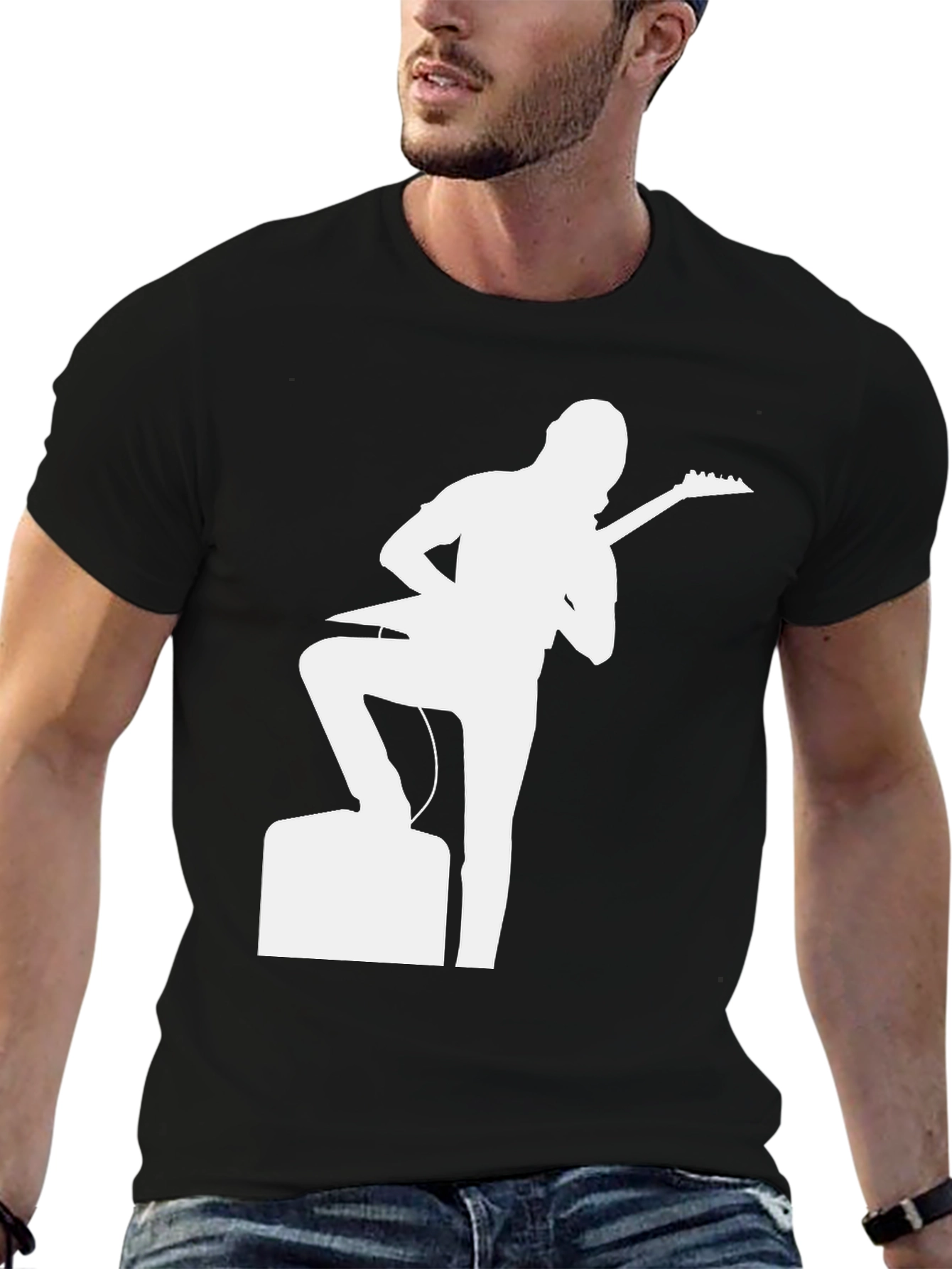 Black Guitar Player Graphic Tee - Black Cotton T-Shirt view 6