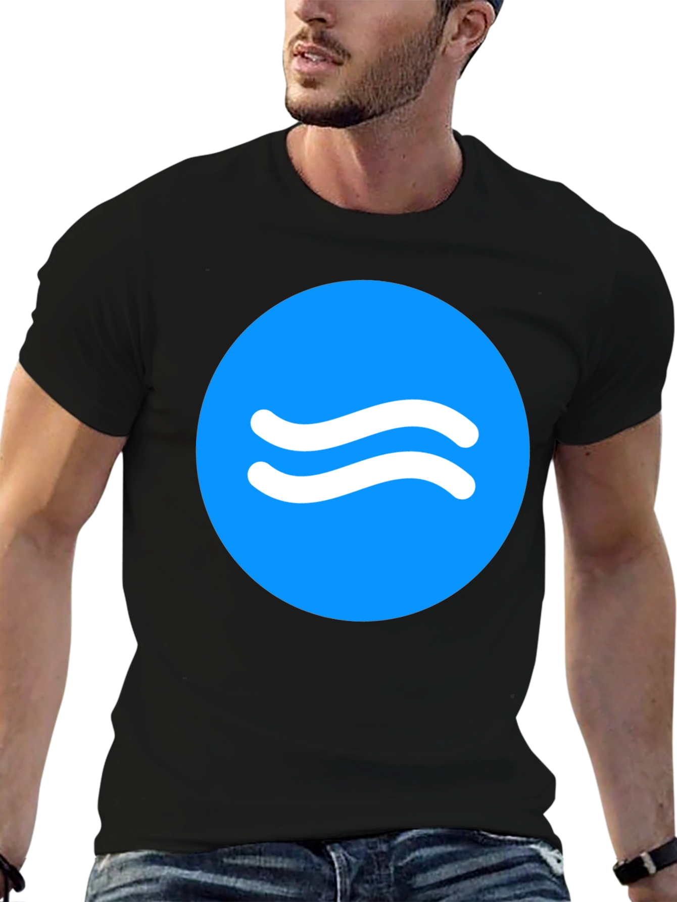 Black Trendy Black Tee with Blue Wave Circle Design view 6