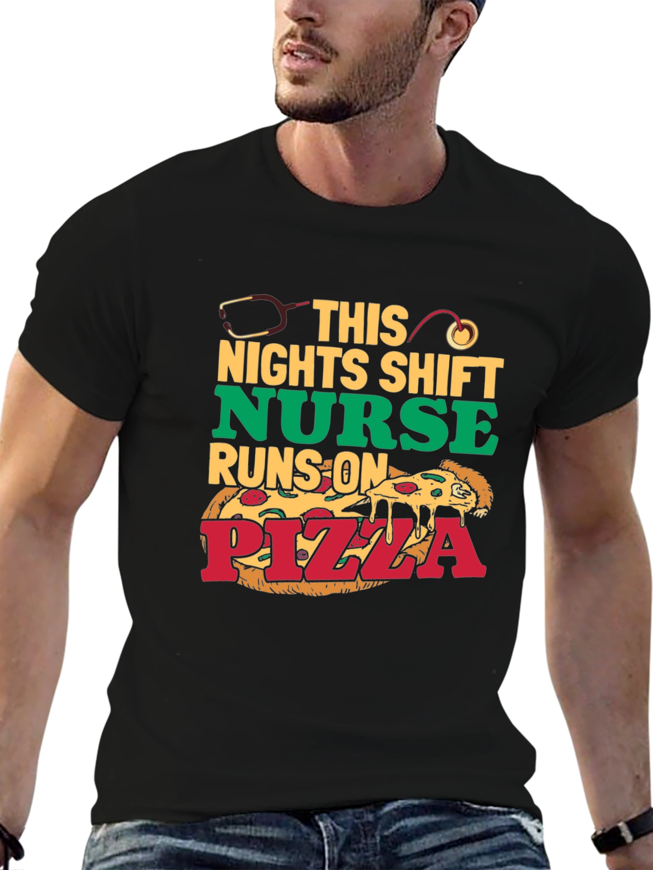 Black Nurse Pizza T-Shirt: Night Shift Humor view 6