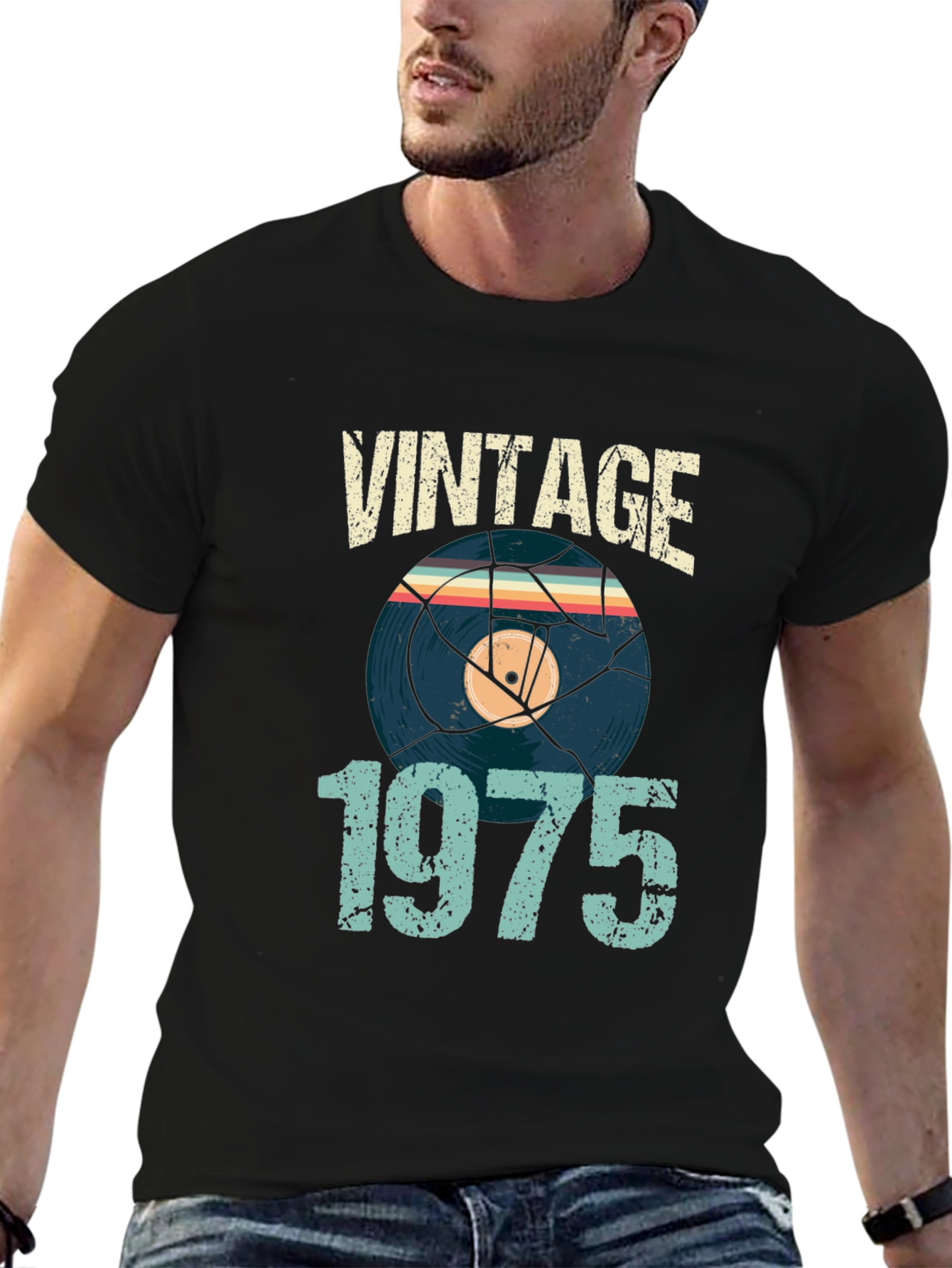 Black Vintage 1975 Record Graphic T-Shirt view 6