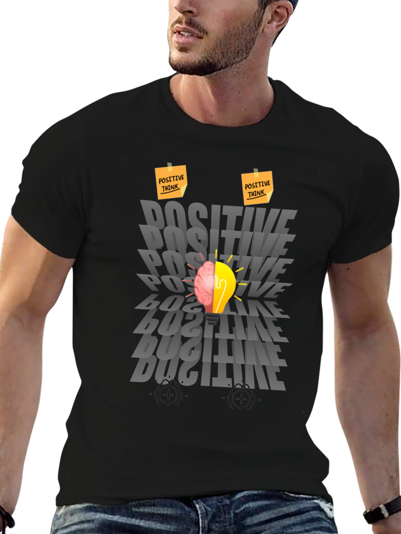 Black Positive Thinking Graphic Tee - Brain Lightbulb Design view 6