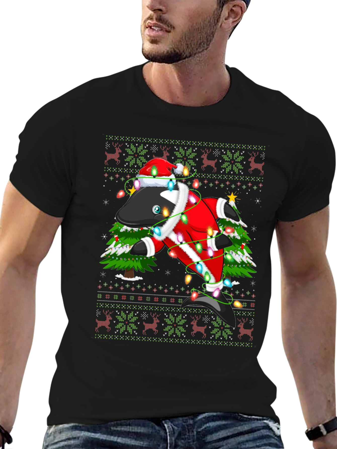 Black Festive Orca Ugly Christmas T-Shirt view 6