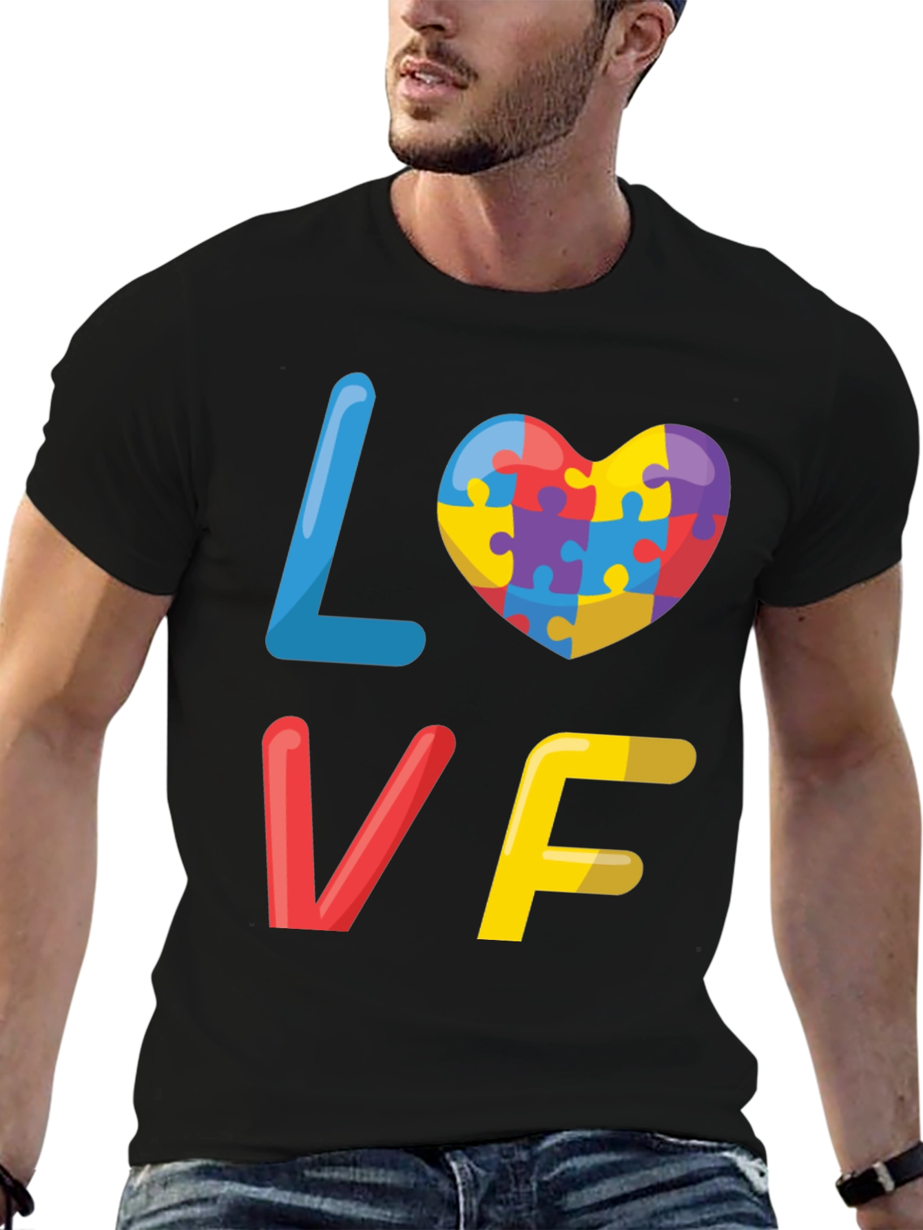 Black Autism Awareness Love Puzzle Heart Graphic Tee view 6