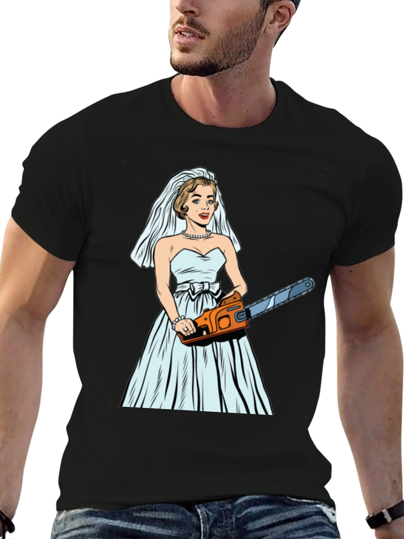 Black Bride with Chainsaw Graphic T-Shirt view 6