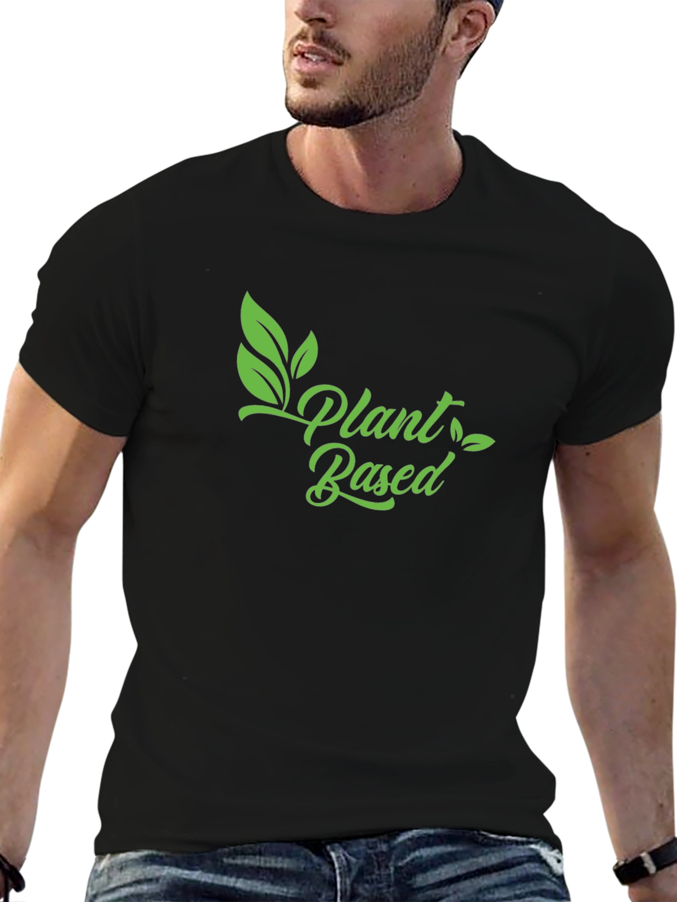 Black Plant Based Vegan T-Shirt - Green Print view 6