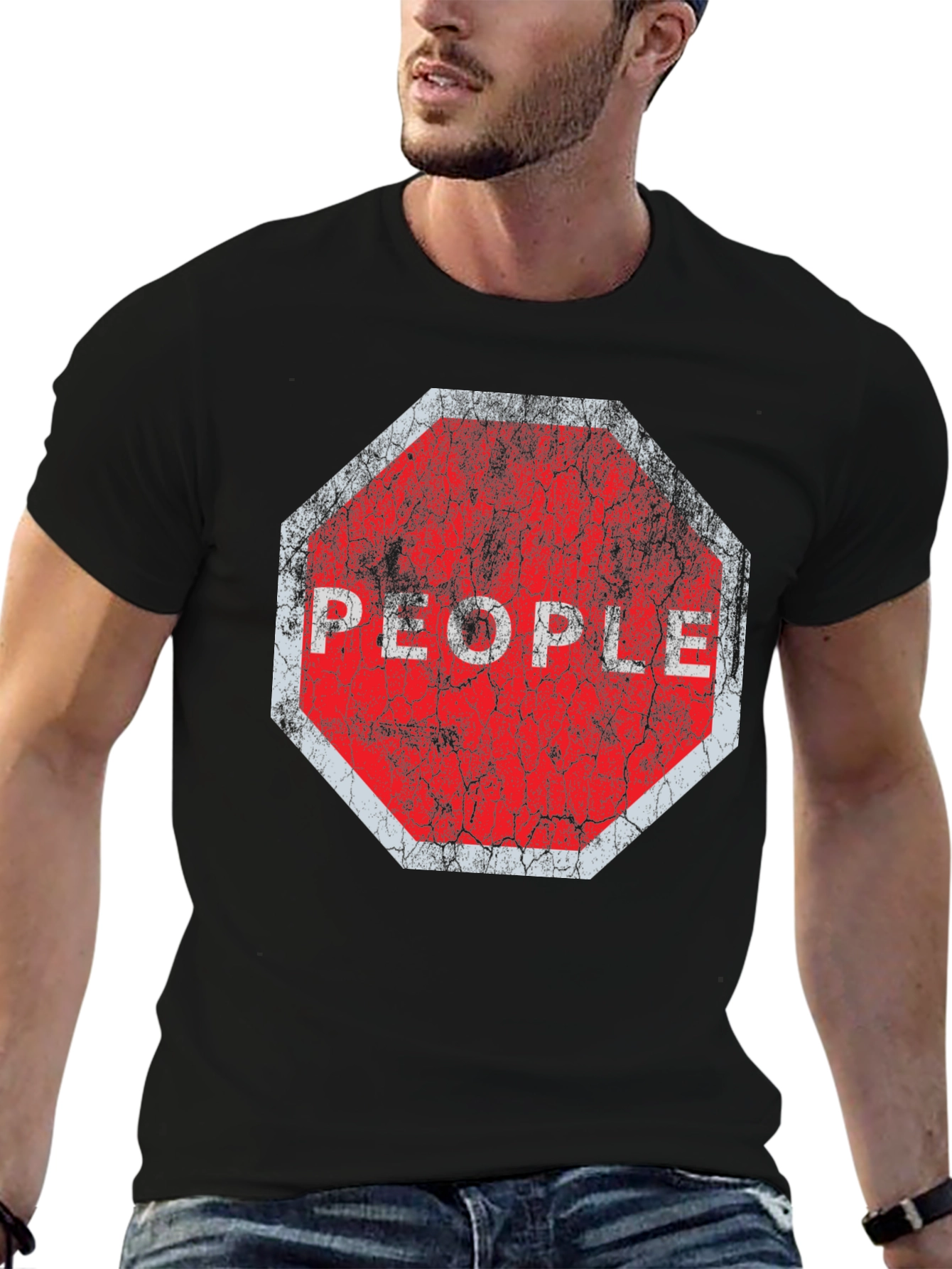 Black Stop People Graphic Tee - Black Cotton T-Shirt view 6