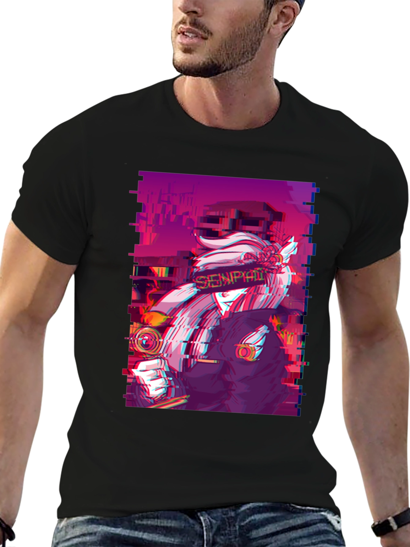 Black Anime Glitch Aesthetic Graphic Tee - Black view 6