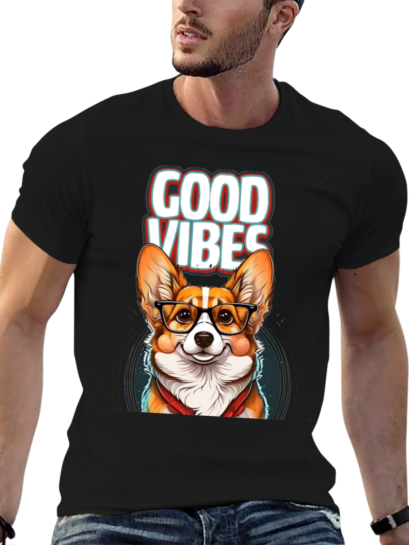 Black Good Vibes Corgi T-Shirt view 6