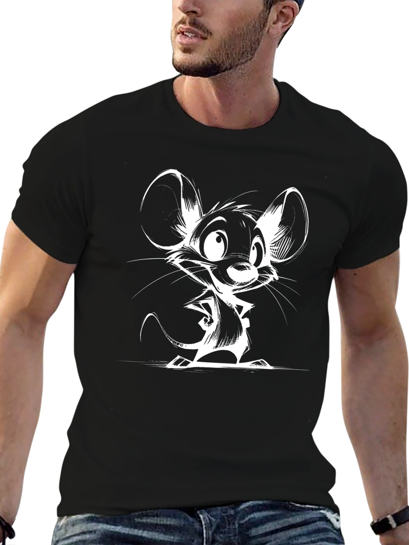 Black Cartoon Mouse Graphic Tee - Black Cotton T-Shirt view 6