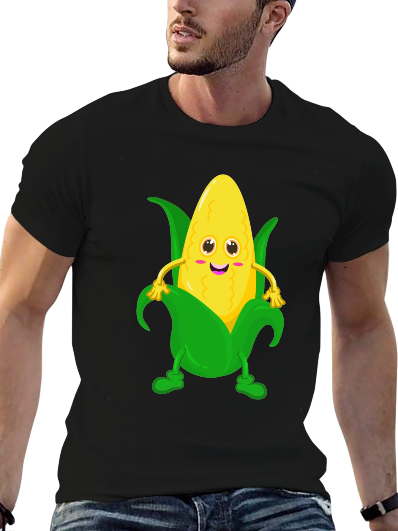 Black Funny Corn Cartoon Graphic Tee - Black Cotton T-Shirt view 6