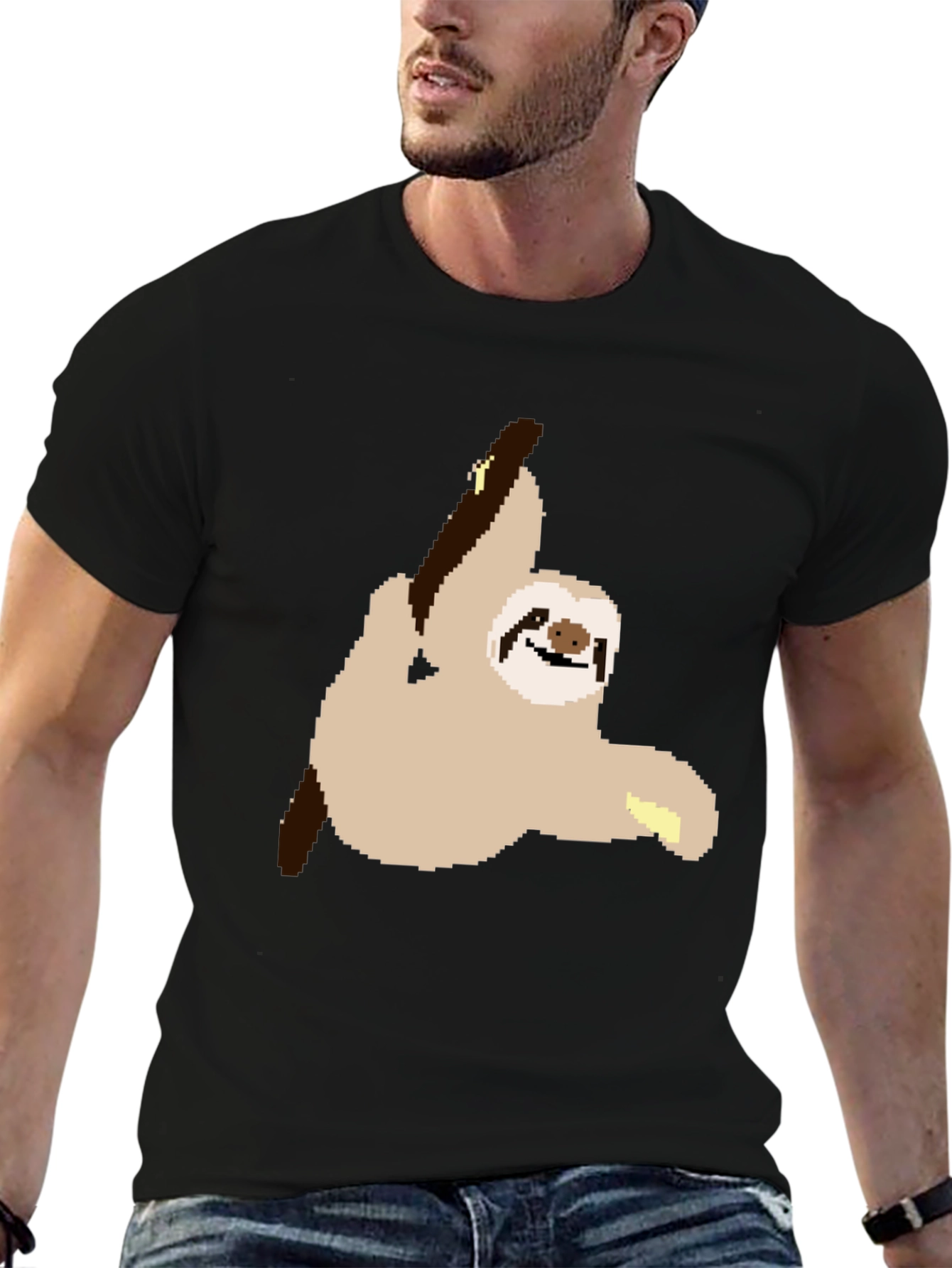 Black Pixel Sloth on Black T-Shirt view 6