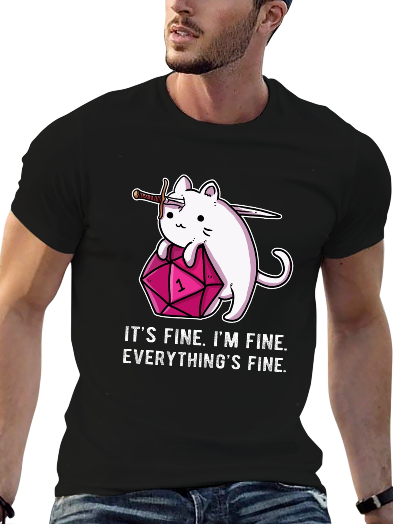 Black It's Fine Cat D&D T-Shirt view 6