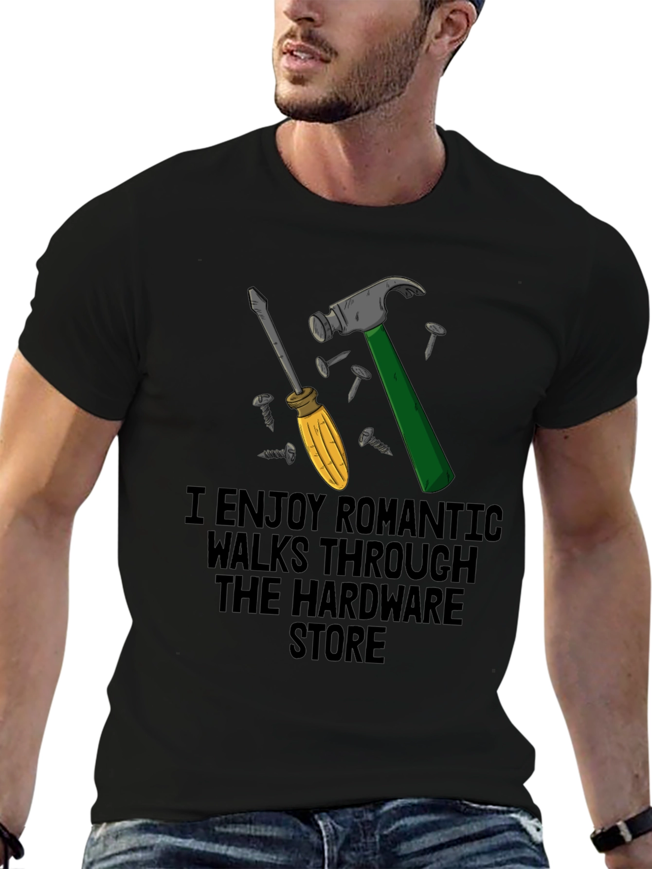 Black Hardware Store Romantic Walk T-Shirt - Men's Funny Tee view 6