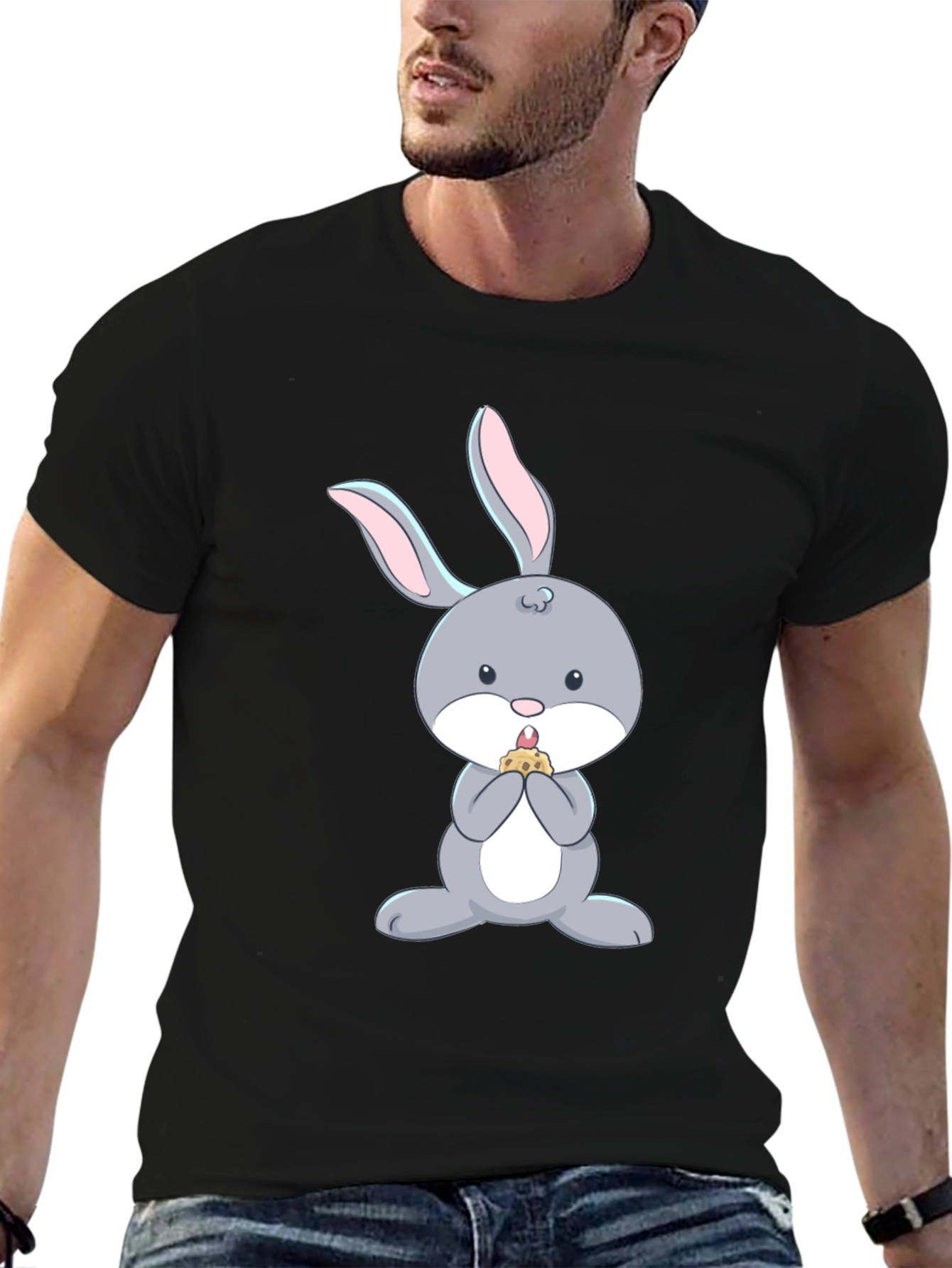 Black Cute Bunny Eating T-Shirt - Black Cotton Tee view 6