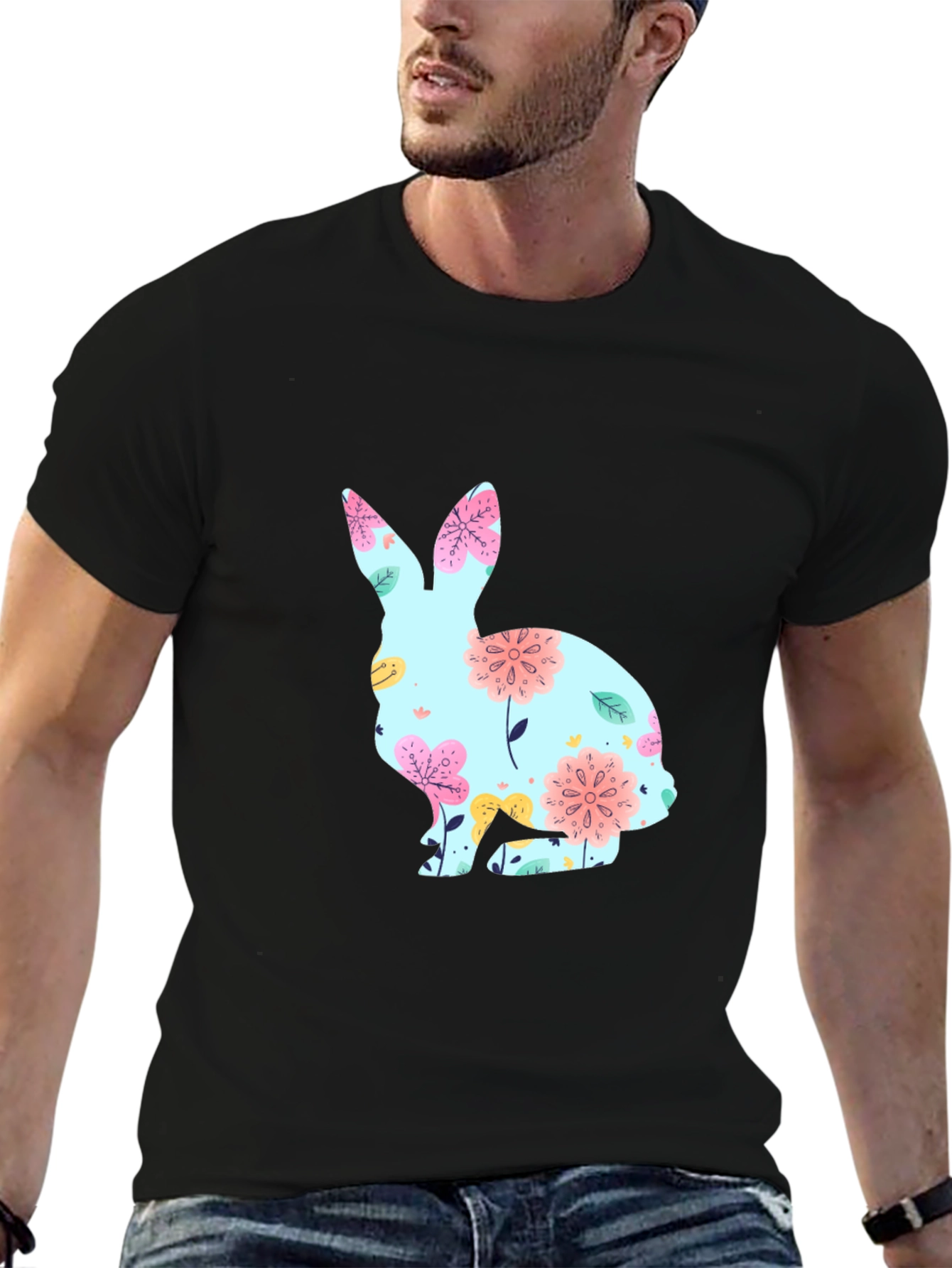Camiseta Negra con Conejo Floral para Pascua