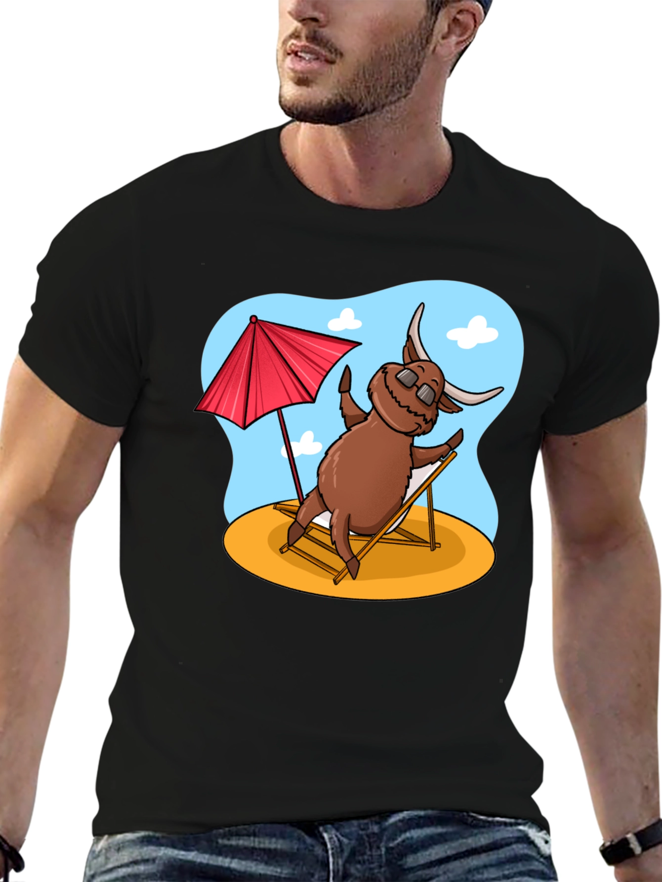 Black Beach Bull T-Shirt - Relaxed Cartoon Graphic Tee view 6