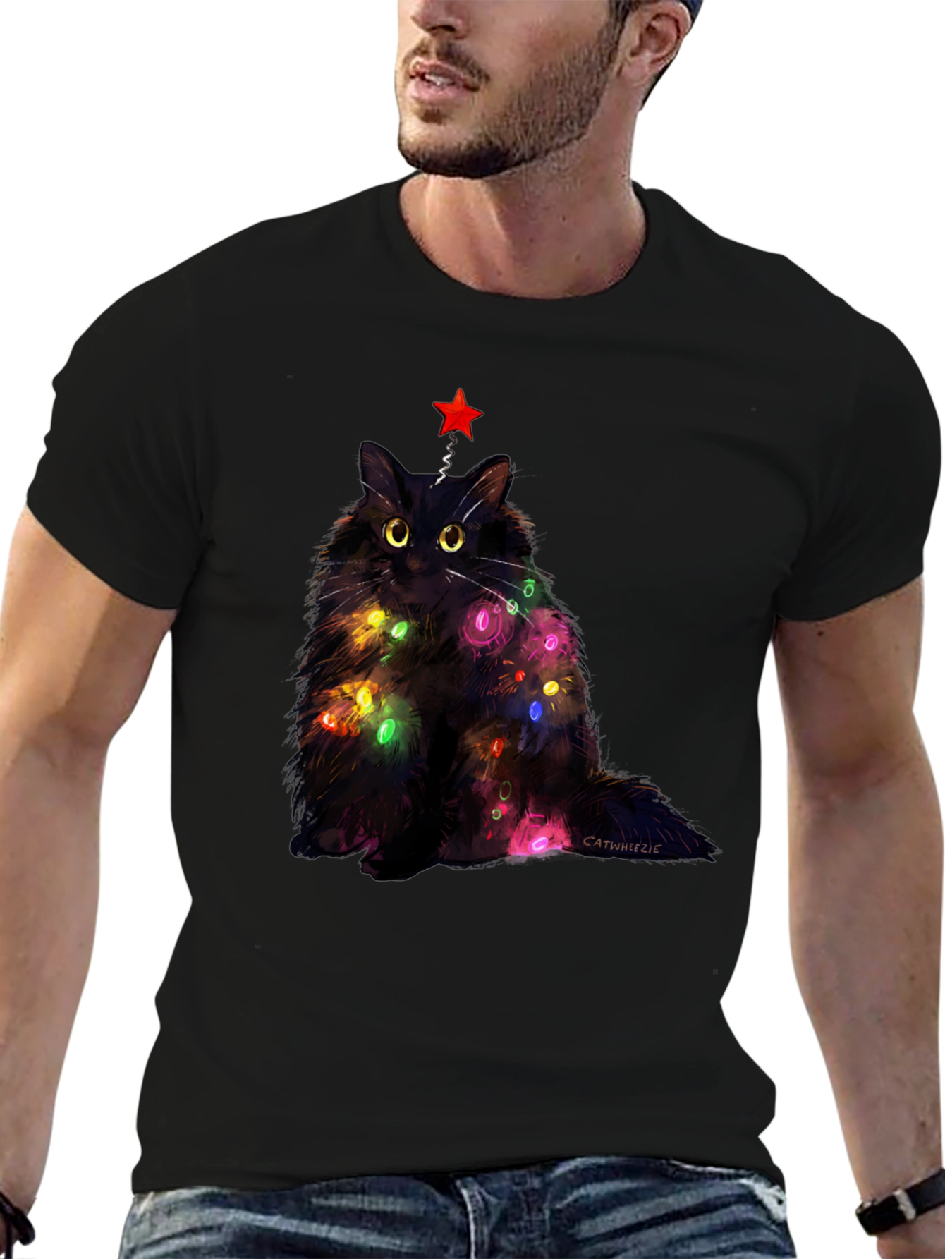 Black Festive Feline T-Shirt: Christmas Cat with Lights view 6