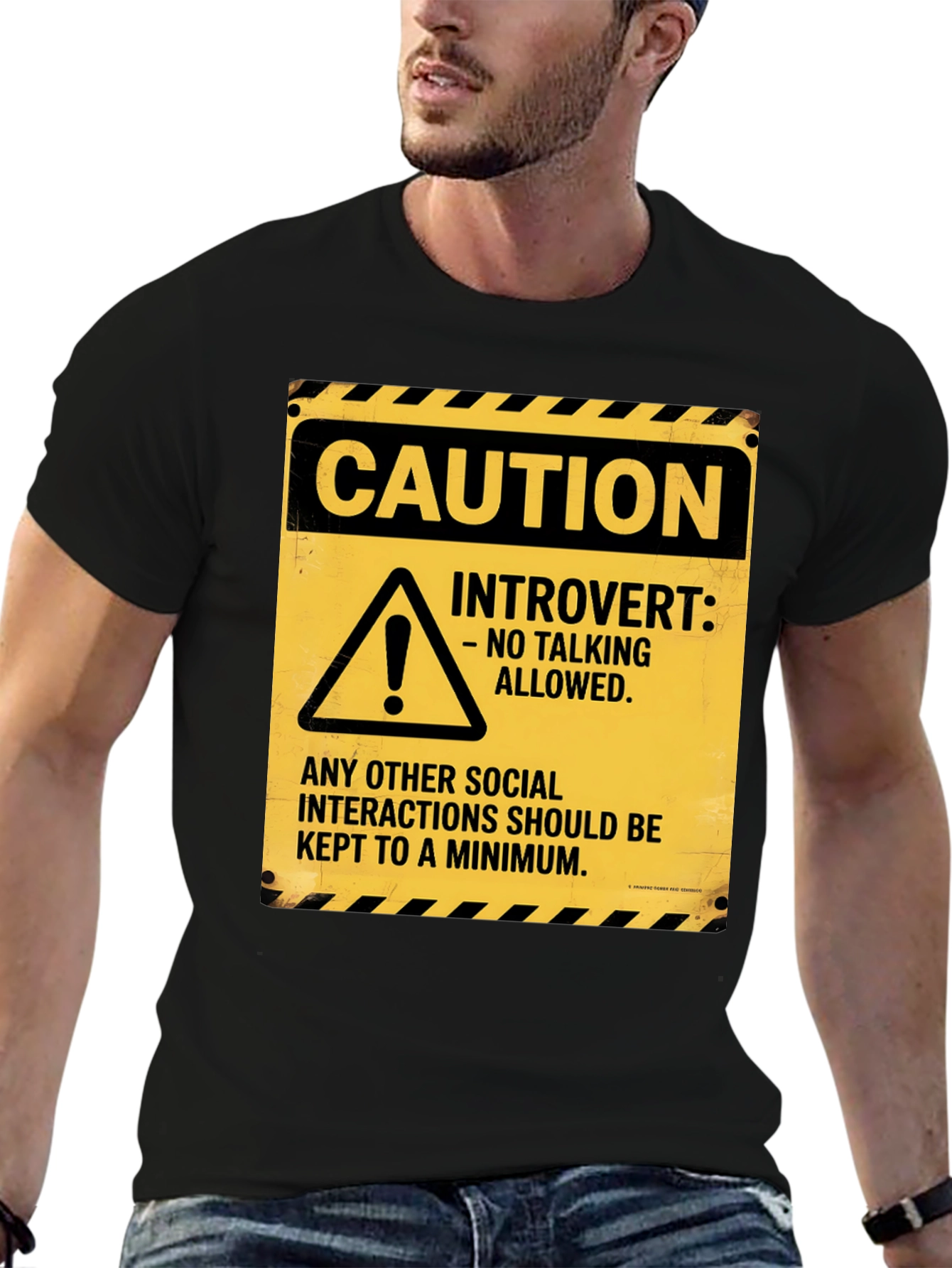 Black Caution Introvert Novelty Graphic Tee view 6