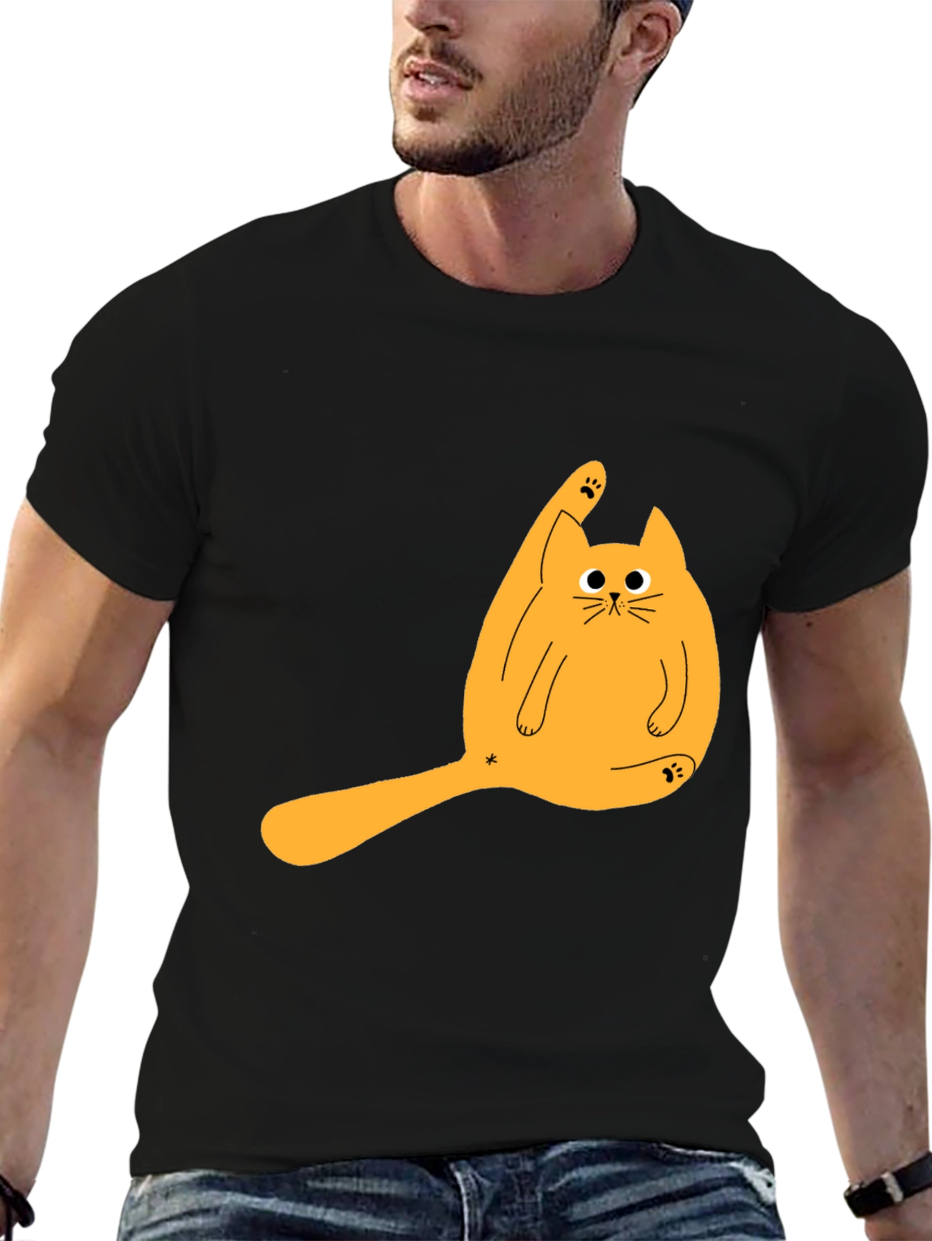 Black Funny Cat Licking Paw Graphic Tee - Black T-Shirt view 6