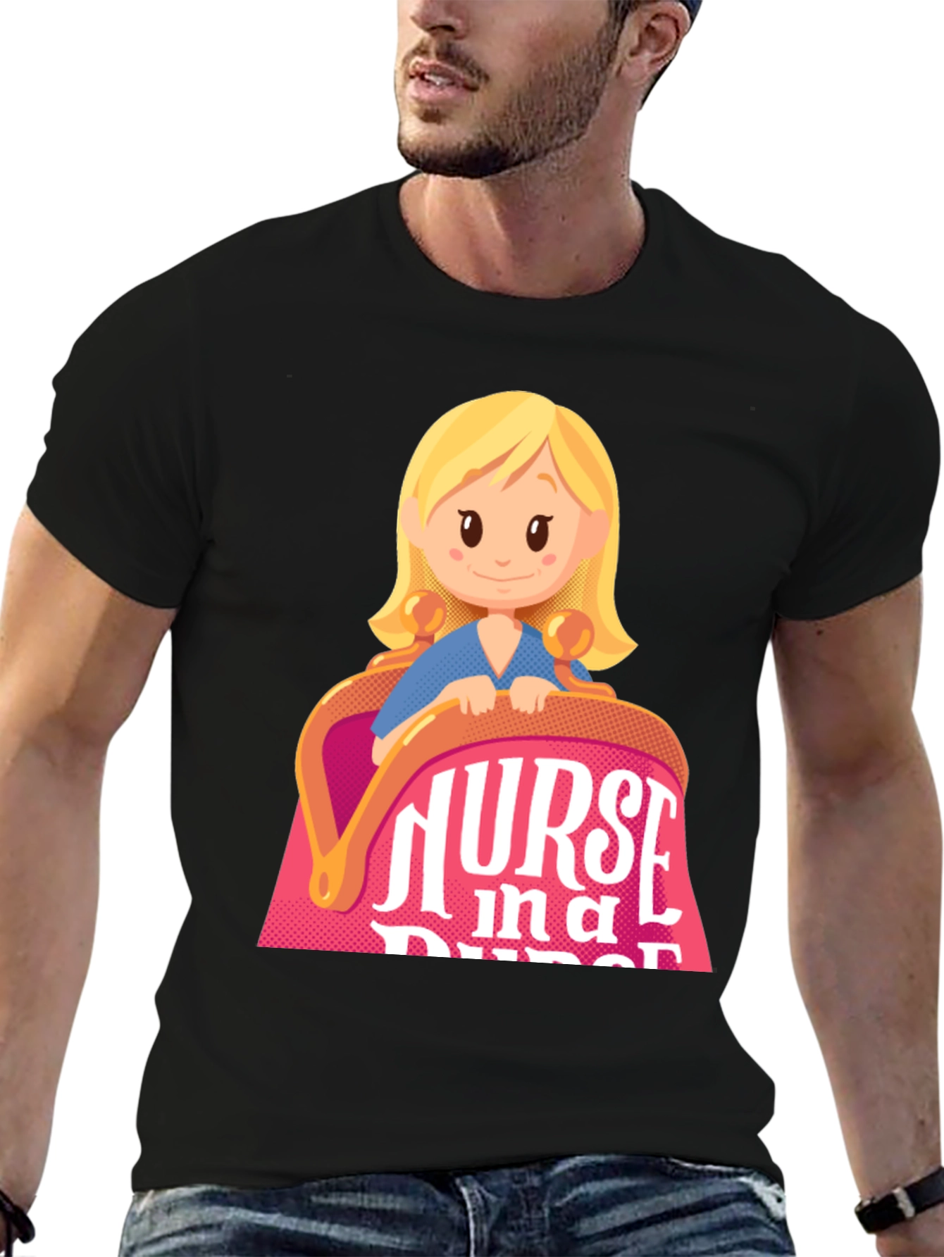 Black Nurse in a Purse Cartoon Graphic T-Shirt view 6