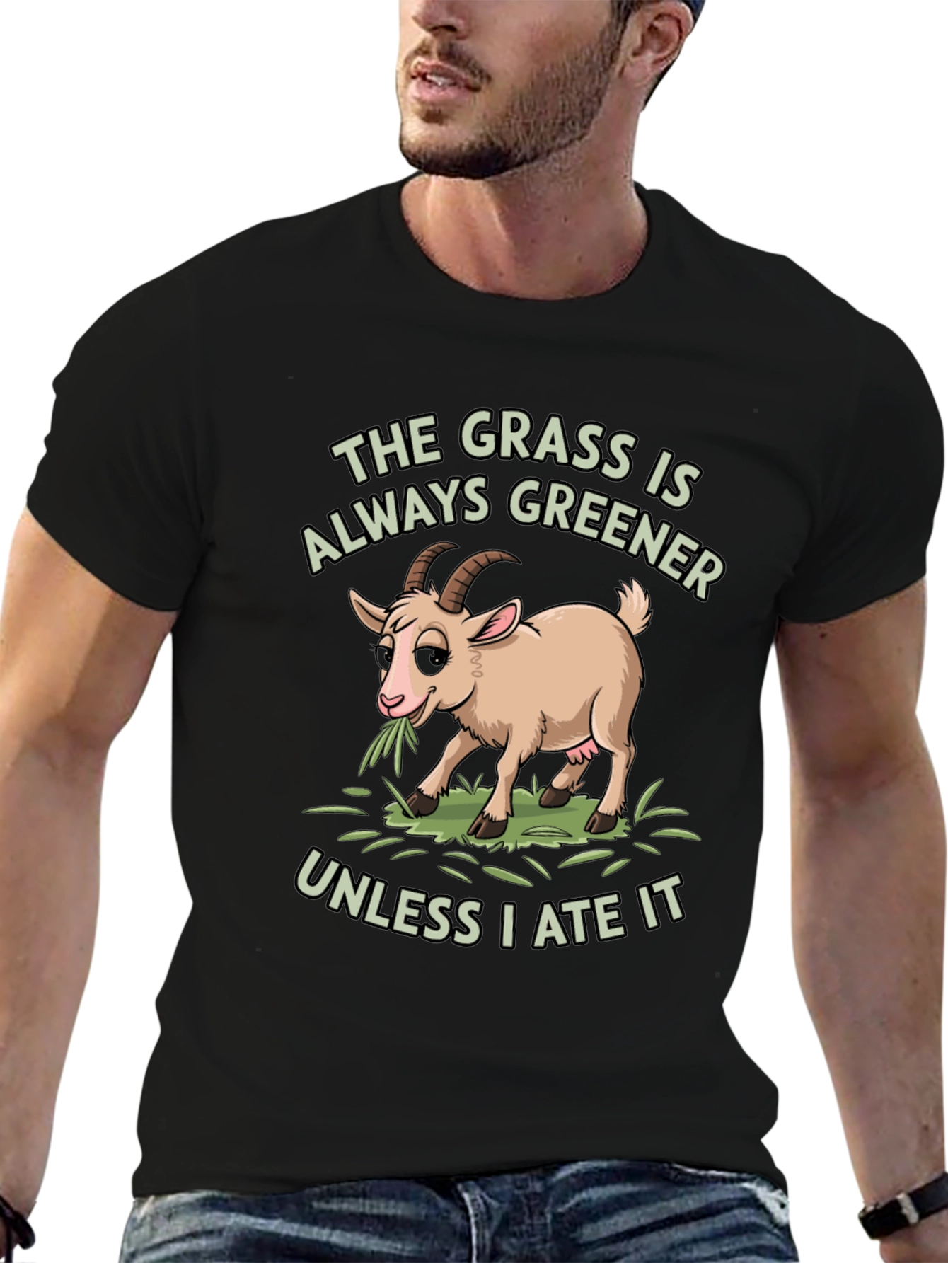 Black Funny Goat T-Shirt: The Grass Is Always Greener view 6