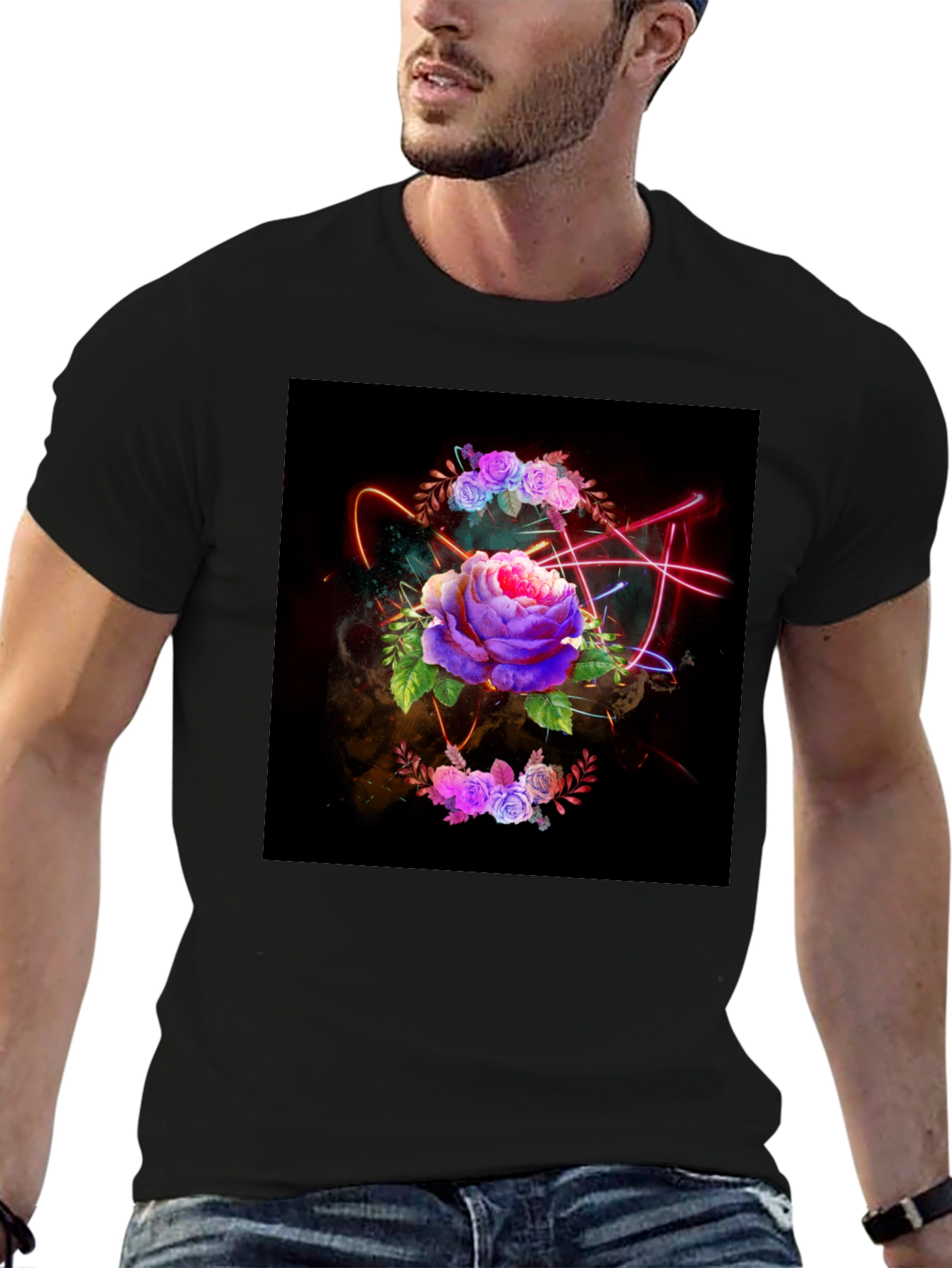 Black Floral Neon T-Shirt - Artistic Dark Design view 6