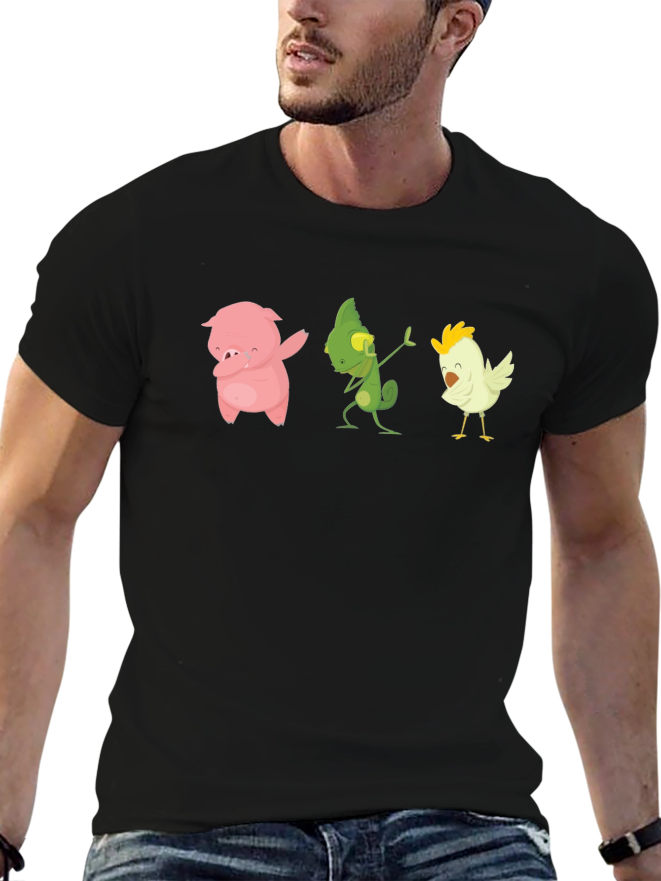 Black Dabbing Animal T-Shirt: Pig, Lizard, Chicken view 6