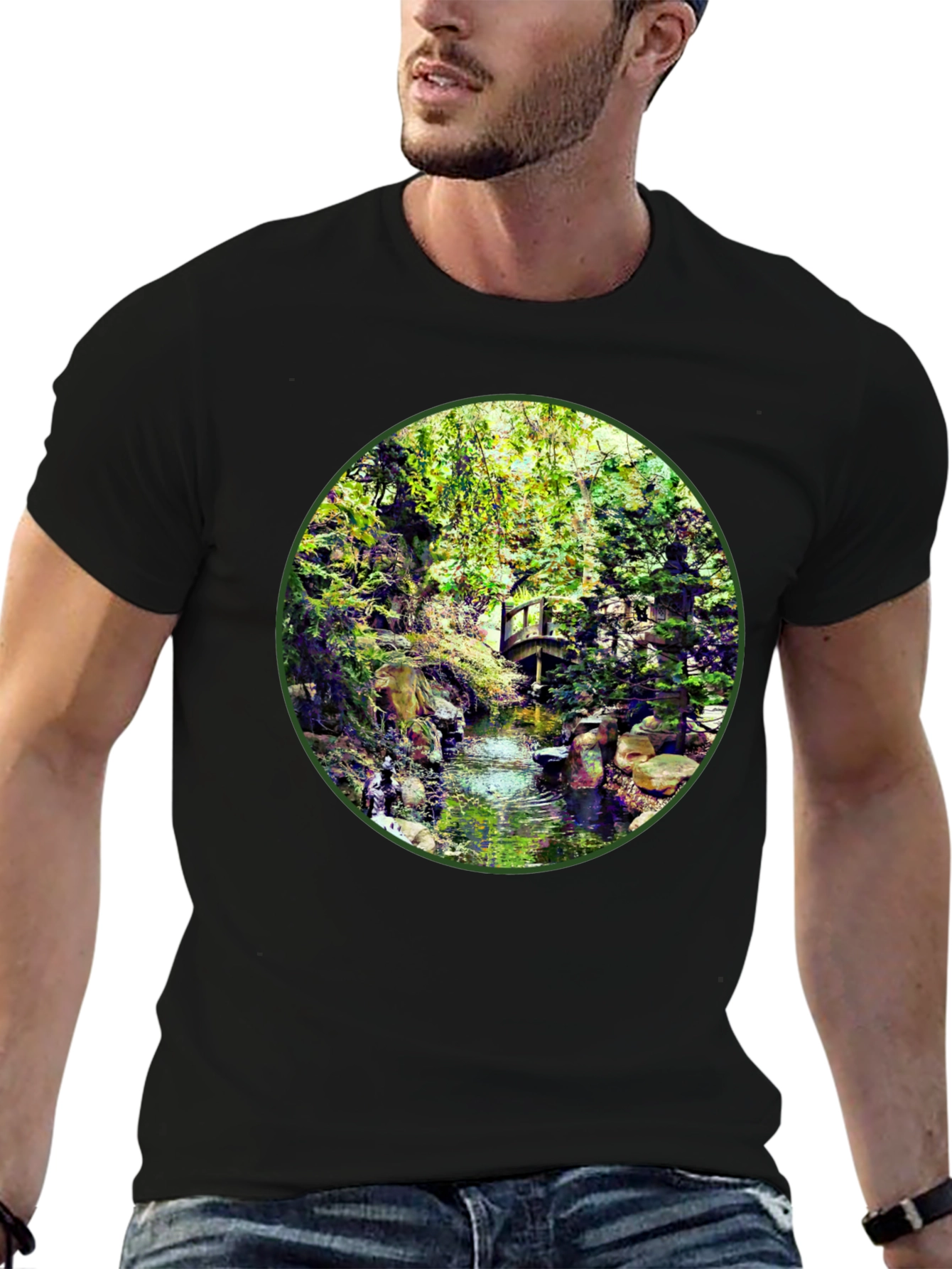 Black Nature Stream T-Shirt - Unique Design view 6