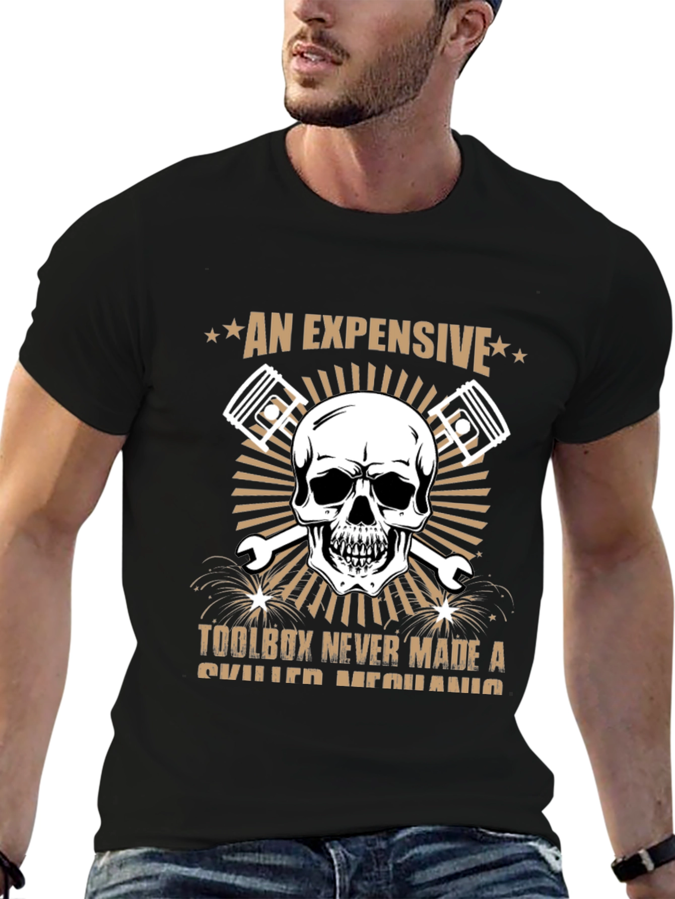 Black Expensive Toolbox Skull Mechanic T-Shirt view 6