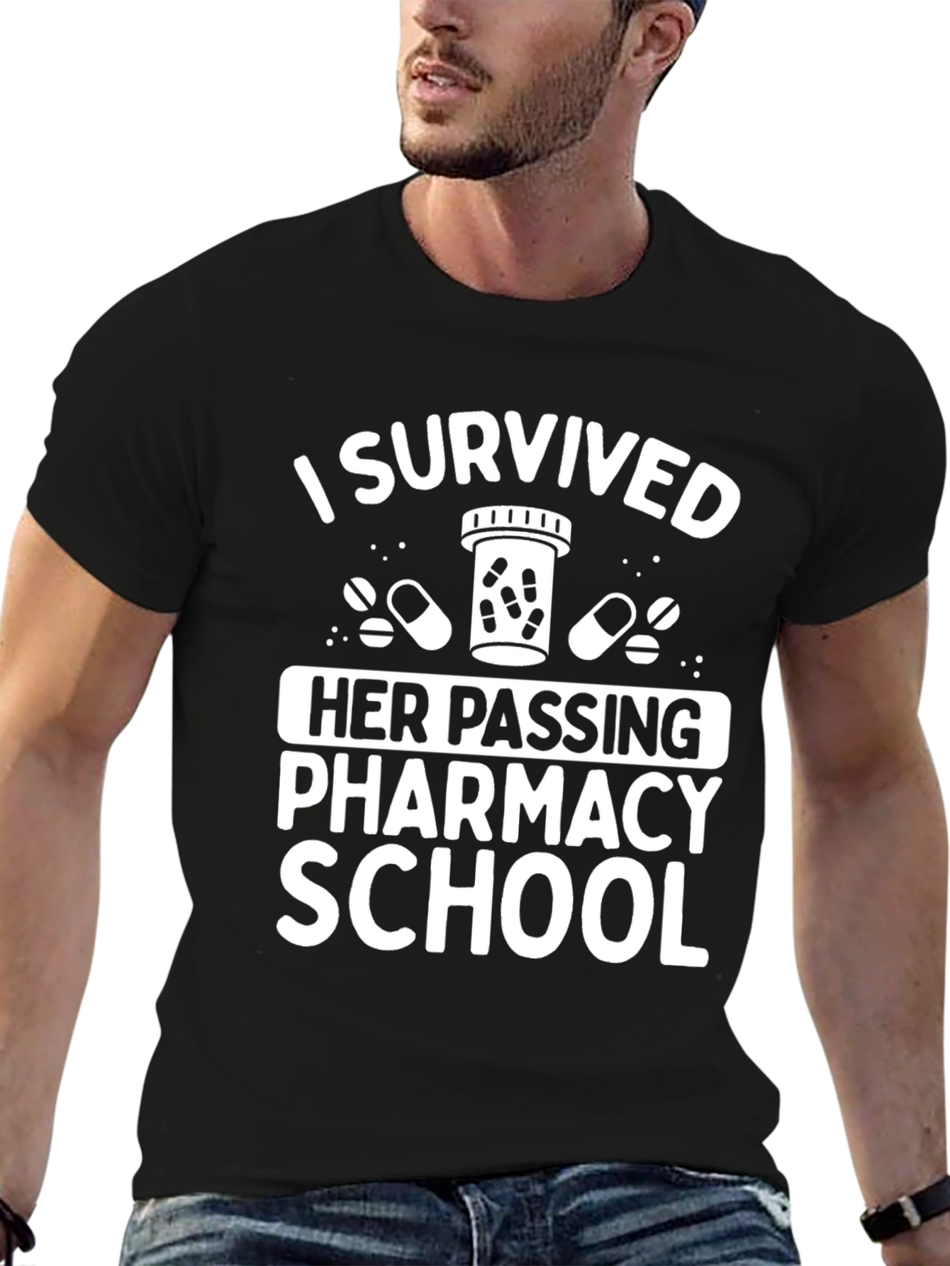 Black I Survived Her Passing Pharmacy School T-Shirt view 6