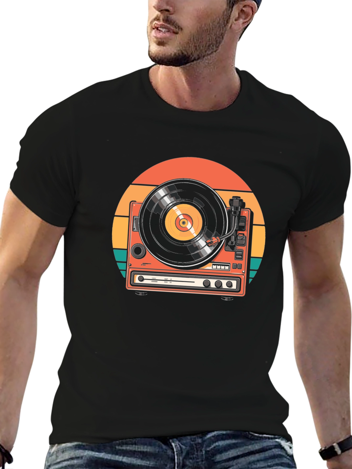 Black Retro Turntable Graphic Tee - Vintage Music Lover Shirt view 6