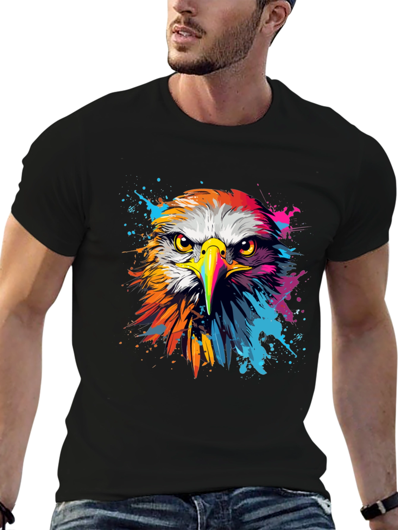 Black Vibrant Eagle Graphic Tee - Bold Black Cotton T-Shirt view 6