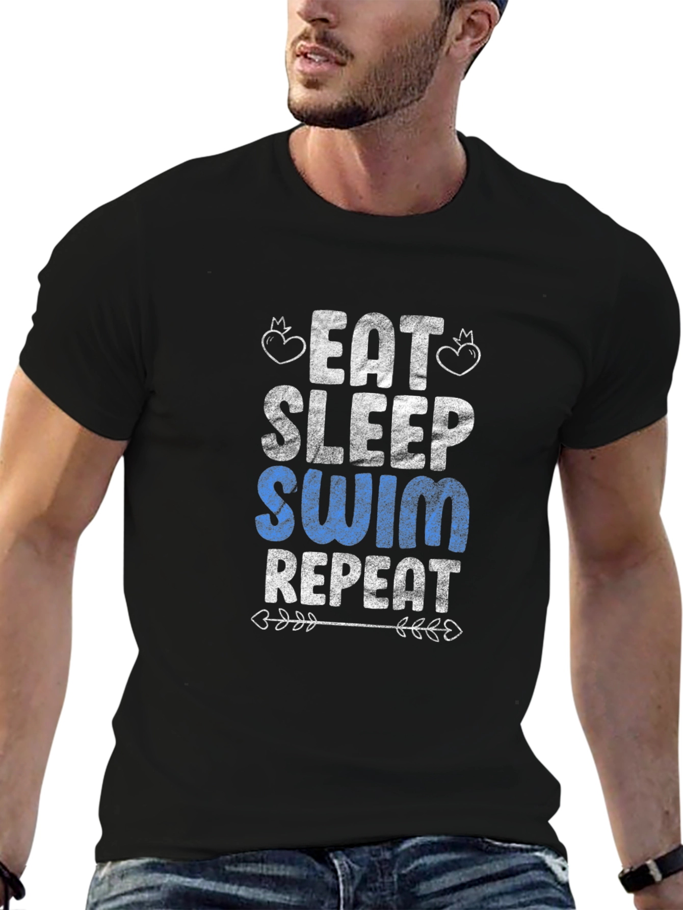 Black Eat Sleep Swim Repeat T-Shirt - Black Cotton Graphic Tee view 6